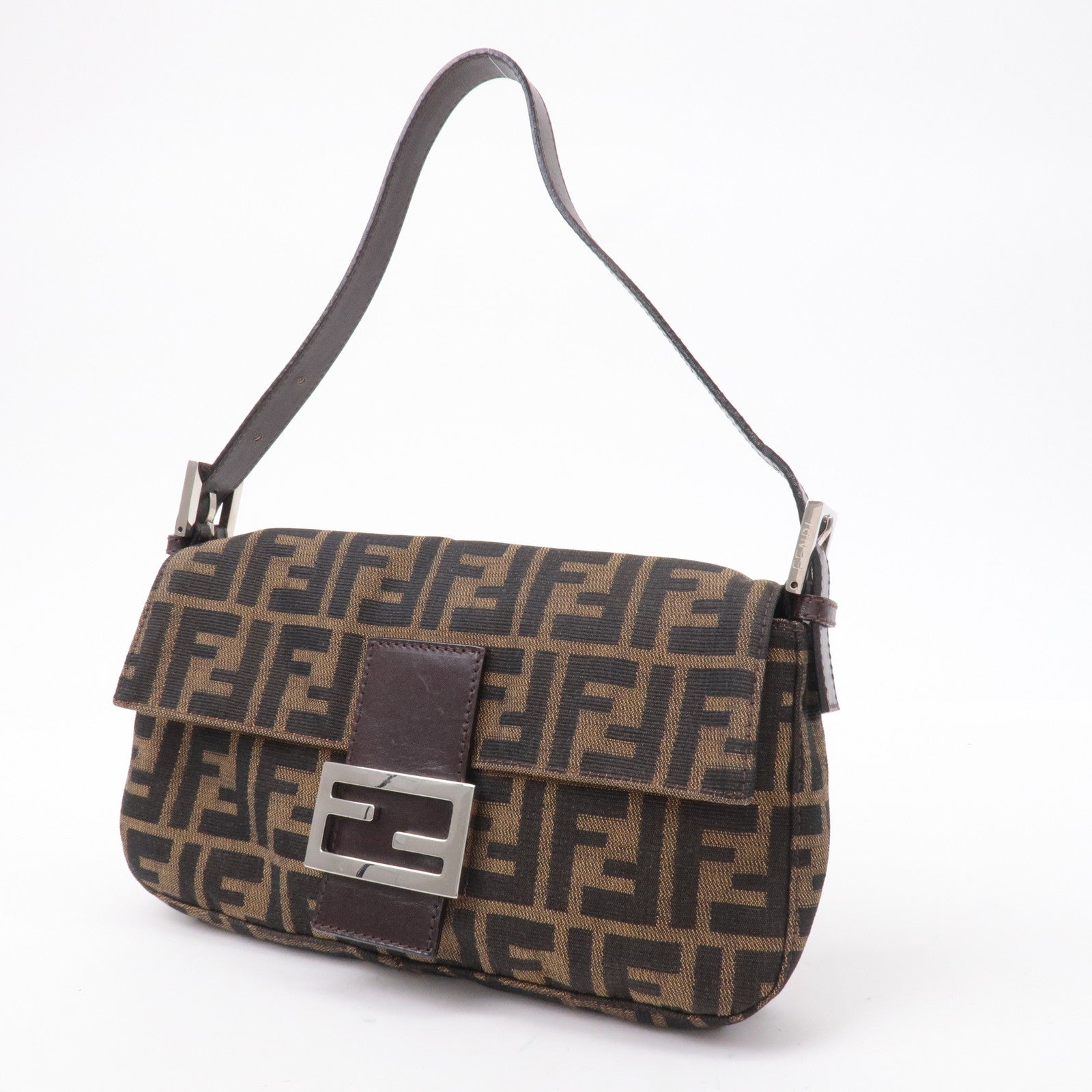 FNDI Mamma Baguette Zucca Canvas Leather Shoulder Bag Brown 26424