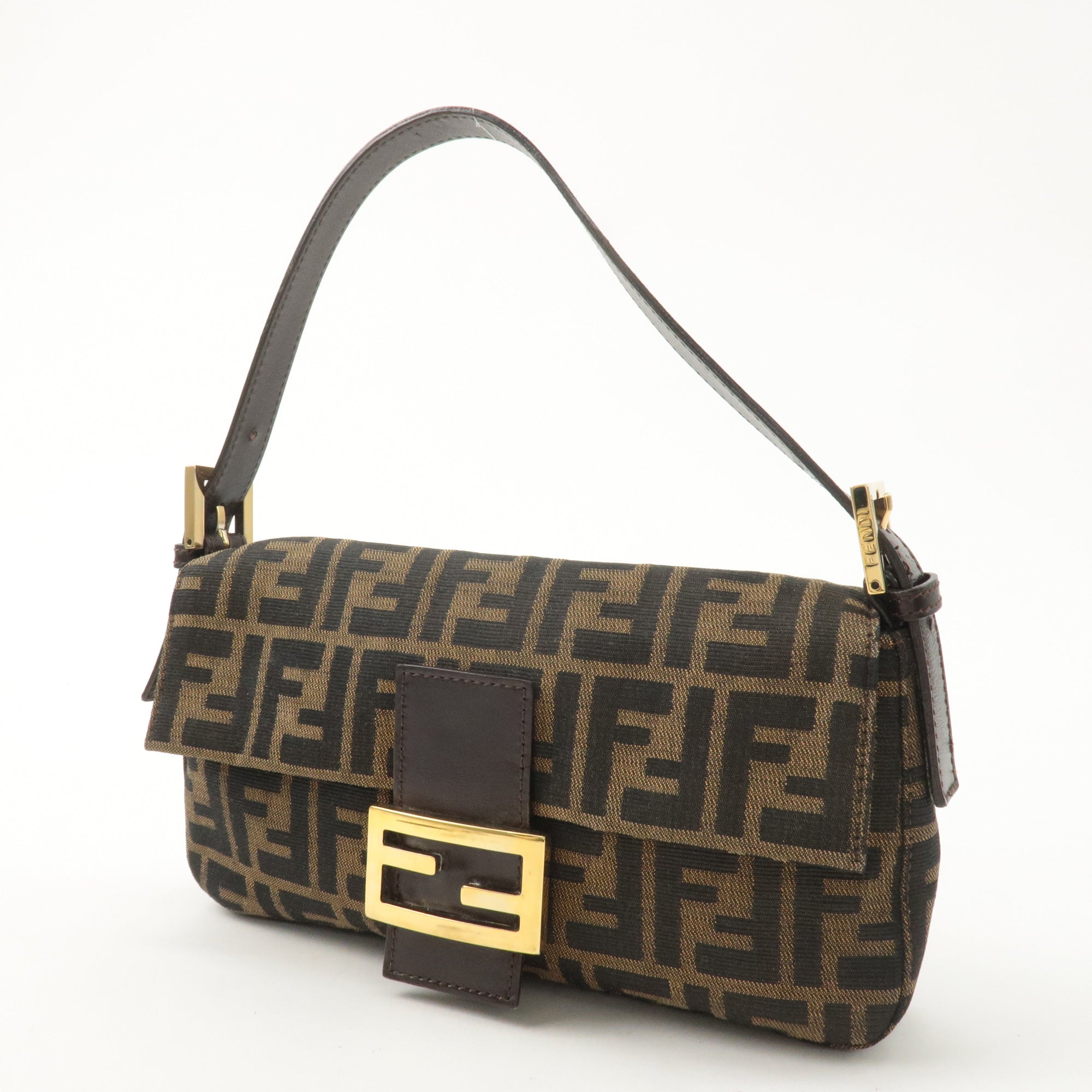 FNDI Mamma Baguette Zucca Canvas Leather Shoulder Bag Brown 26424