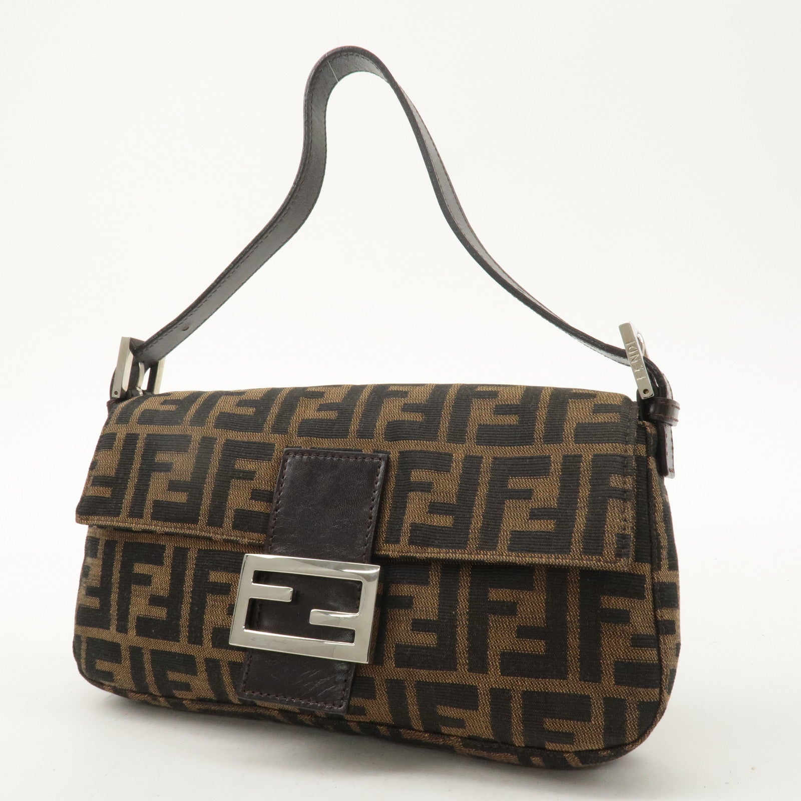 FNDI Mamma Baguette Canvas Leather Shoulder Bag Brown Black 26424