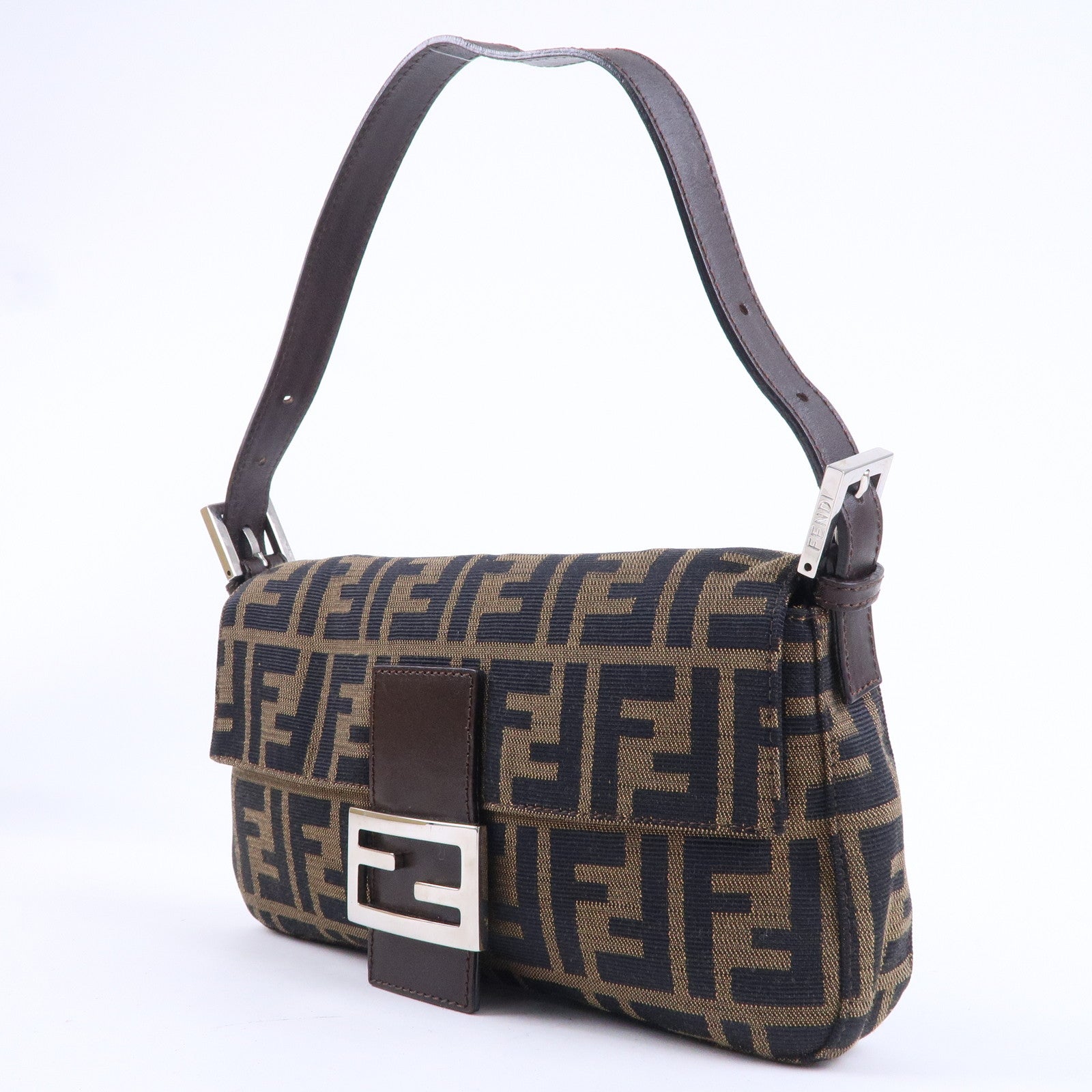 FNDI Mamma Baguette Zucca Canvas Leather Shoulder Bag Brown 26424