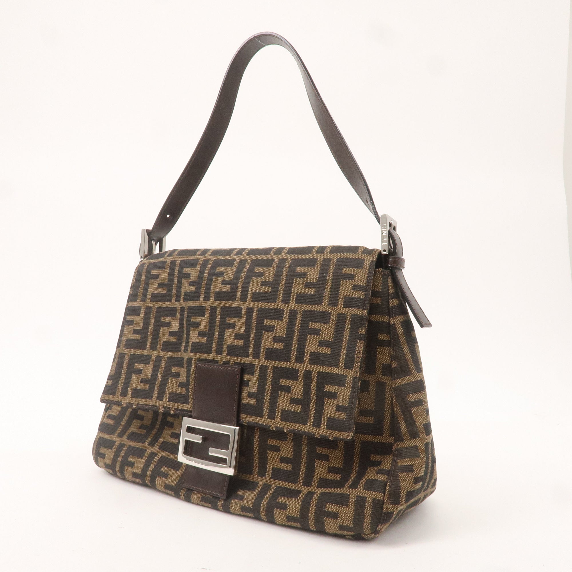 FNDI Mamma Baguette Zucca Canvas Leather Bag Brown Black 26325