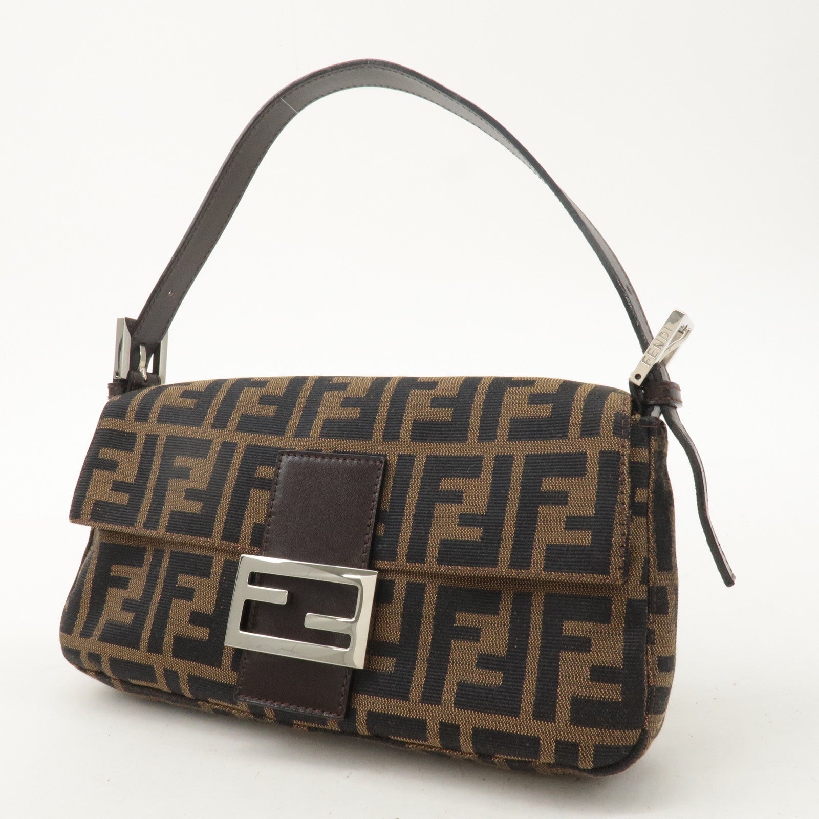 FNDI Mamma Baguette Canvas Leather Shoulder Bag Brown Black 26424