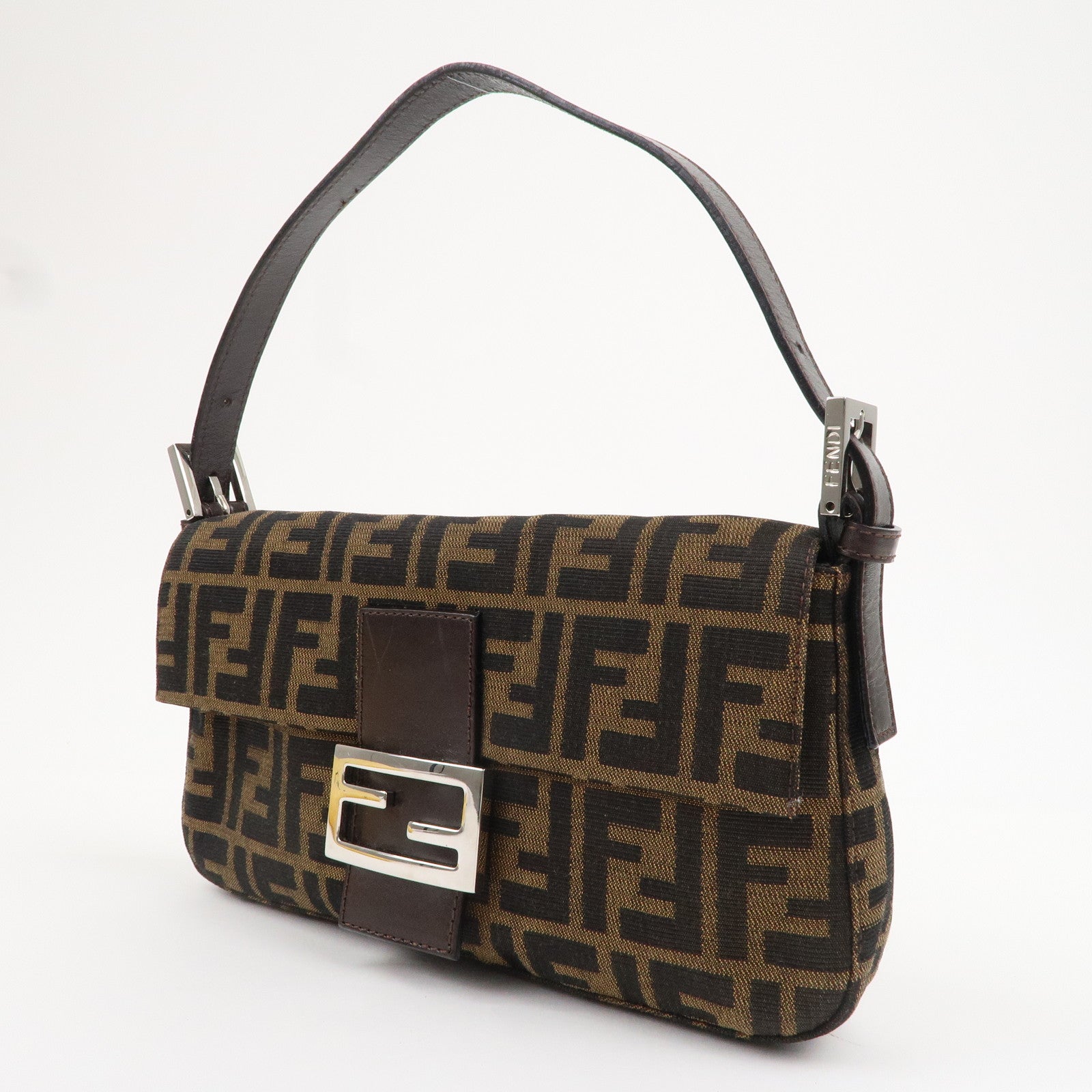 FNDI Mamma Baguette Canvas Leather Shoulder Bag Brown Black 26424