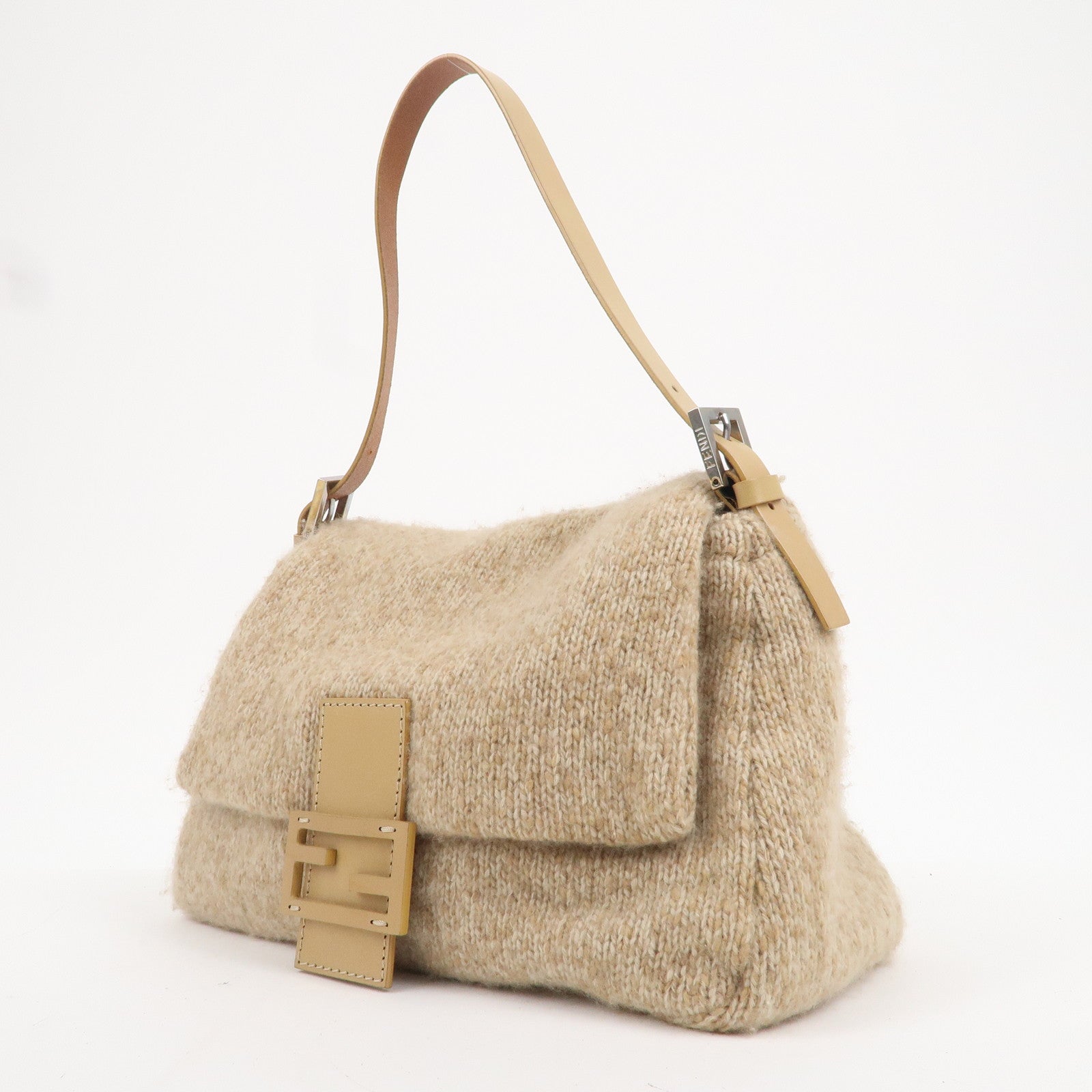 FNDI Mamma Baguette Wool Knit Leather Shoulder Bag Beige 26325
