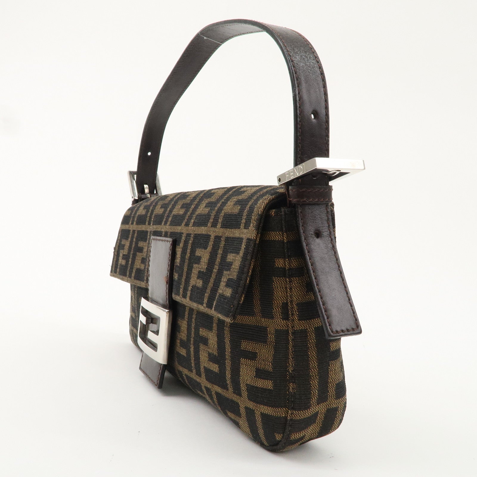 FNDI Mamma Baguette Canvas Leather Shoulder Bag Brown Black 26424