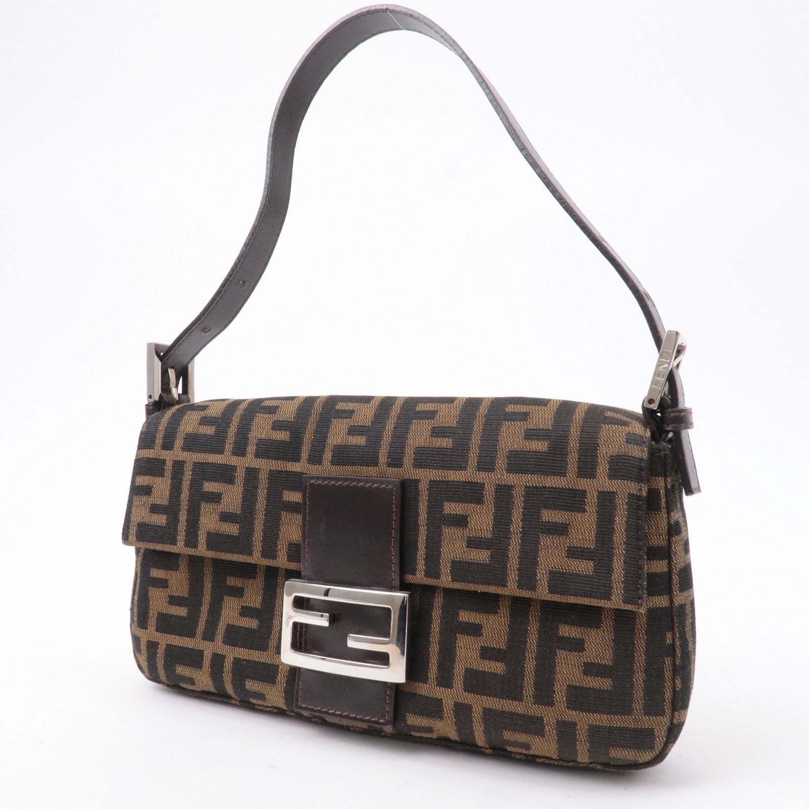 FNDI Mamma Baguette Zucca Canvas Leather Shoulder Bag Brown 26424