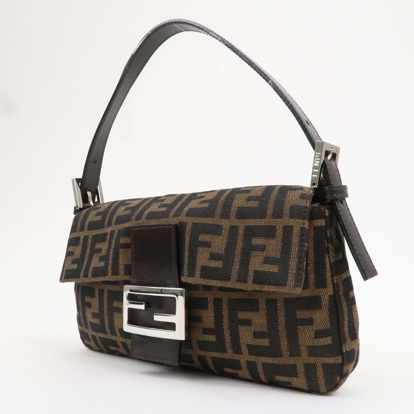 FNDI Mamma Baguette Canvas Leather Shoulder Bag Brown Black 26424