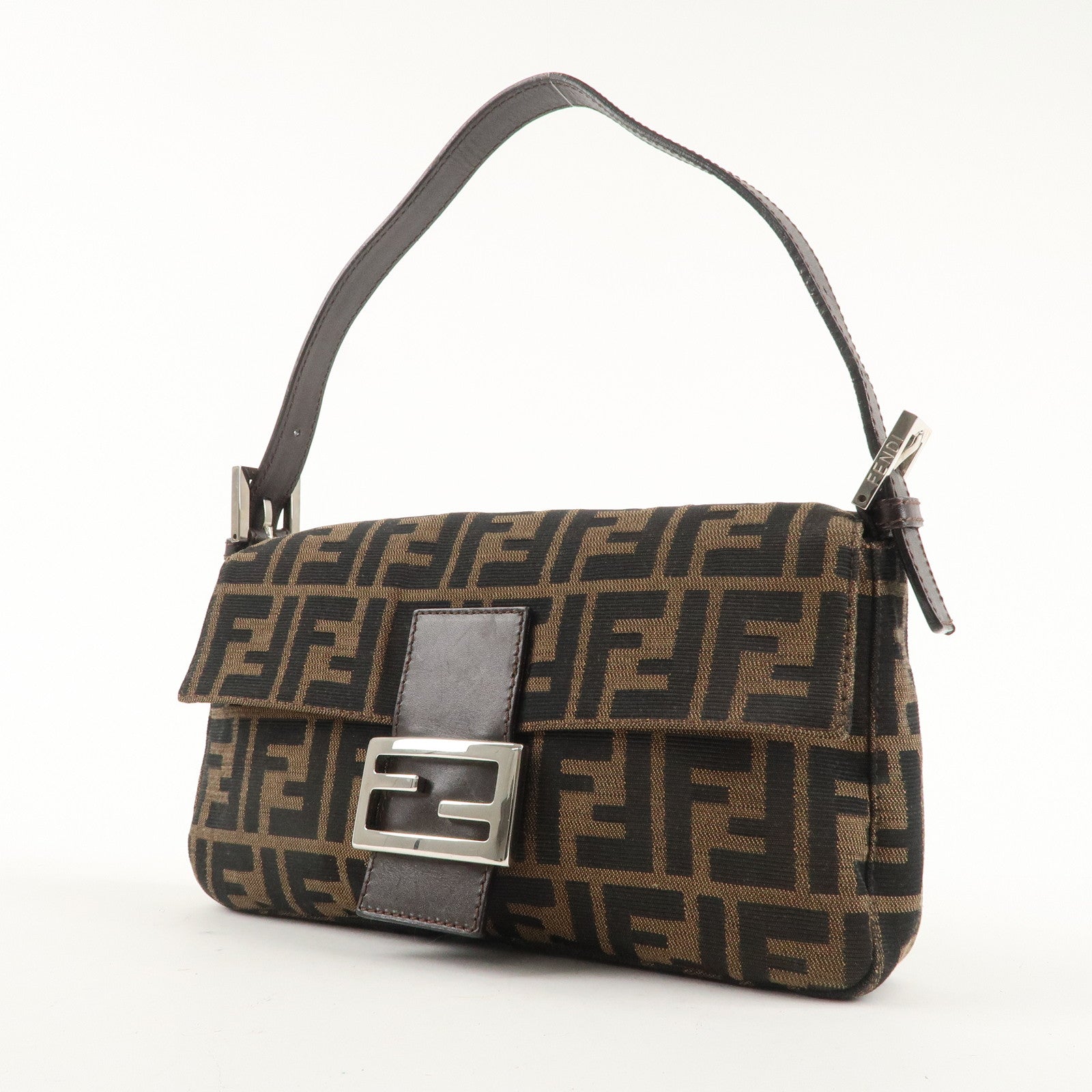 FNDI Mamma Baguette Canvas Leather Shoulder Bag Brown Black 26424