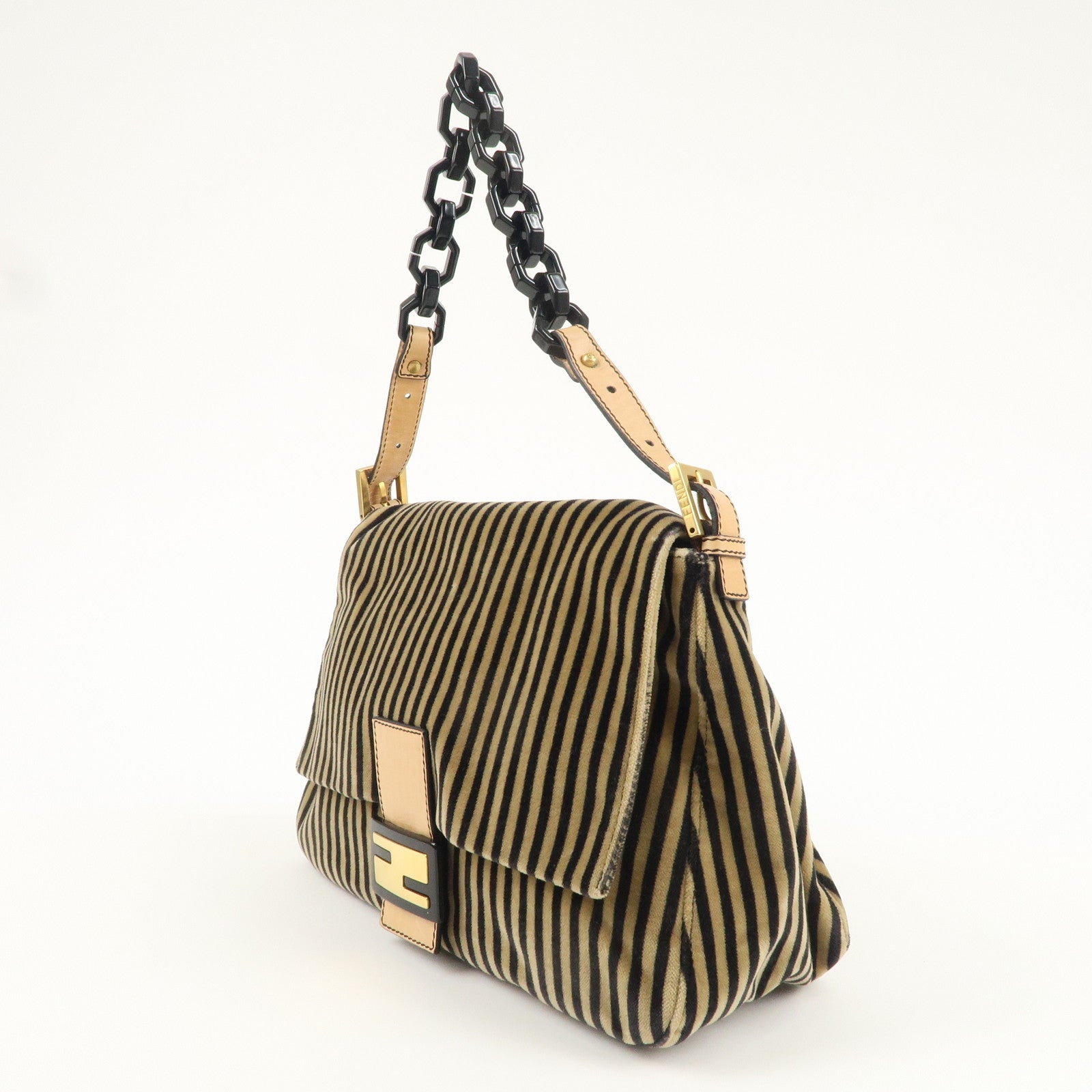 FNDI Mamma Baguette Velour Leather Stripe Shoulder Bag 8BR001