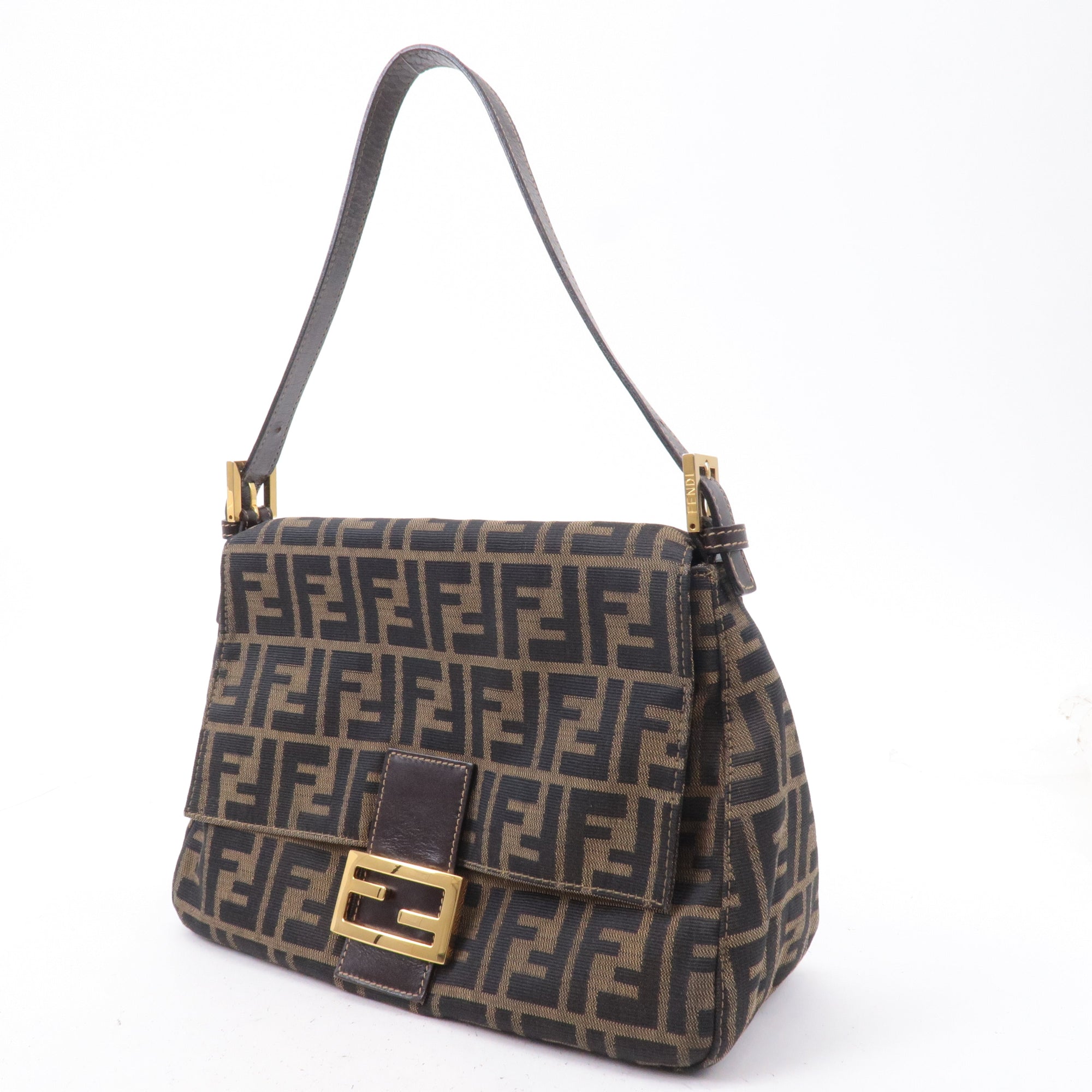 FNDI Mamma Baguette Zucca Canvas Leather Shoulder Bag Brown