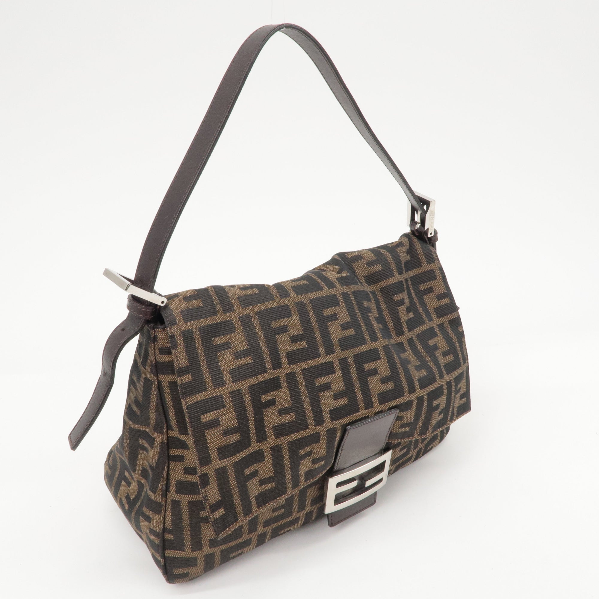 FNDI Mamma Baguette Zucca Canvas Leather Shoulder Bag Brown