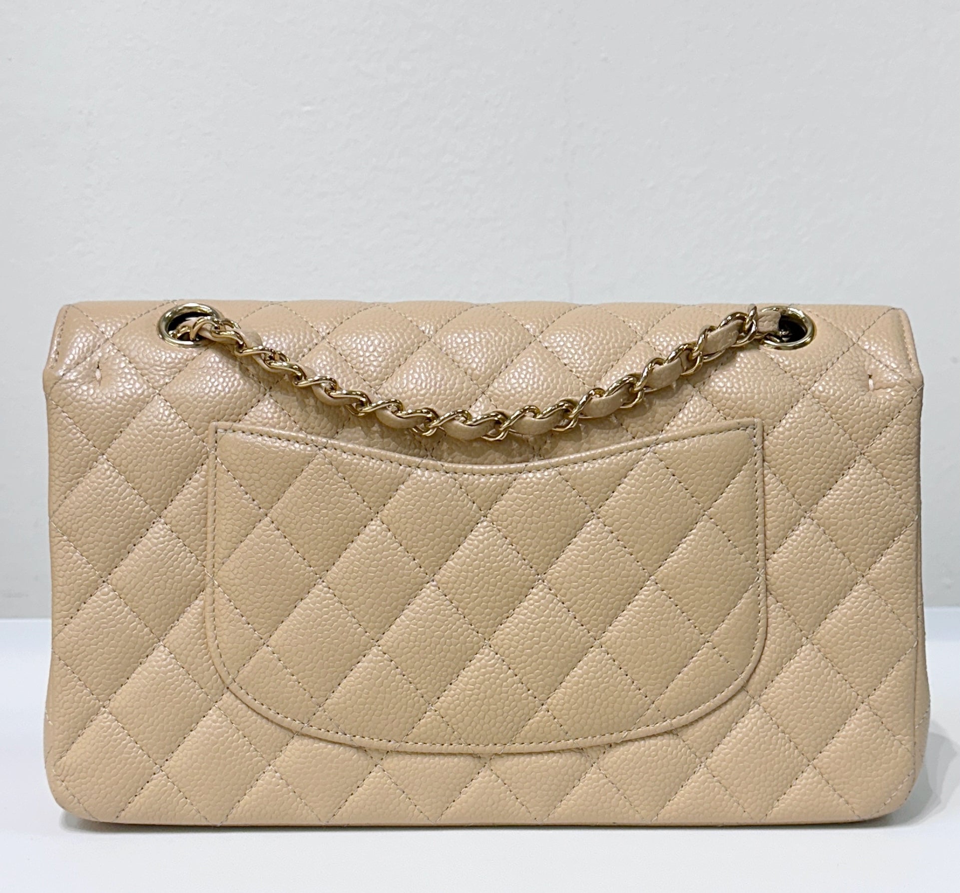 CHNL Medium Caviar Classic Double Flap Bag Beige