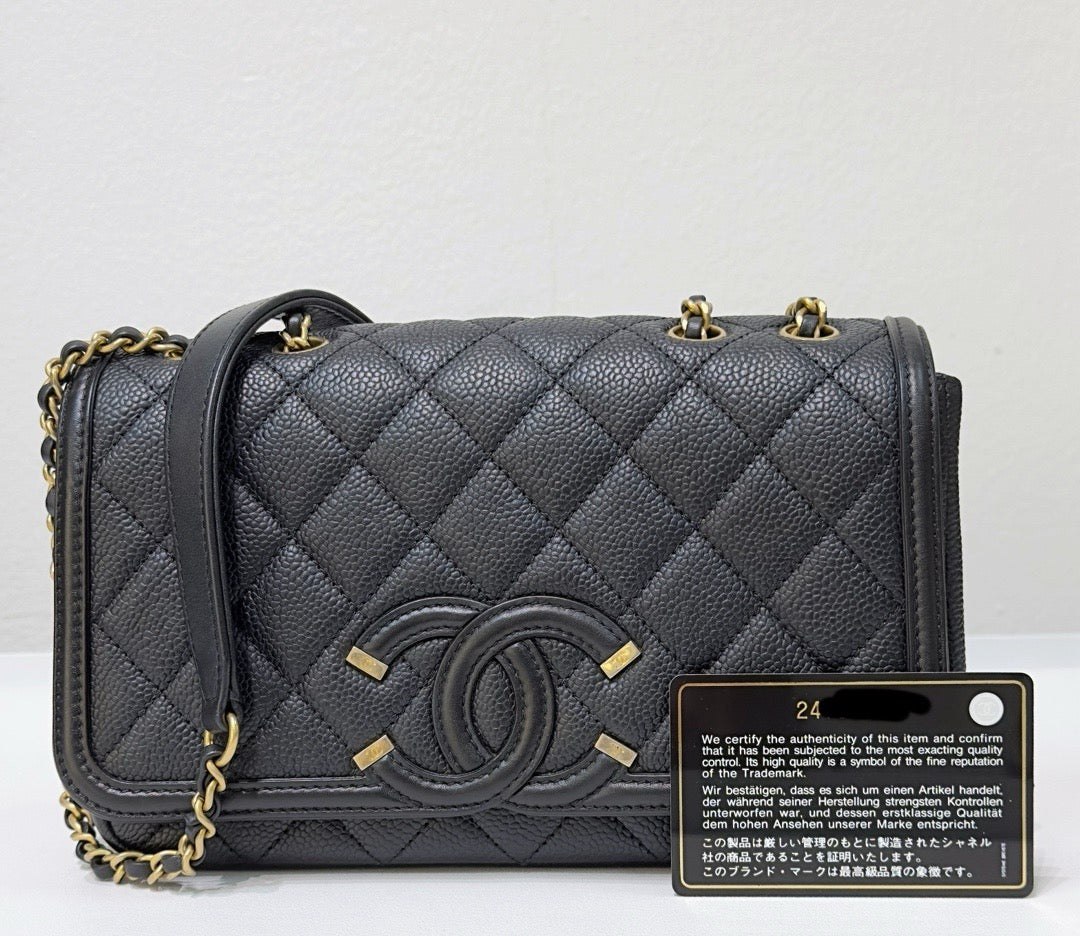 CHNL Small Caviar Quilted CC Filigree Flap Black GHW