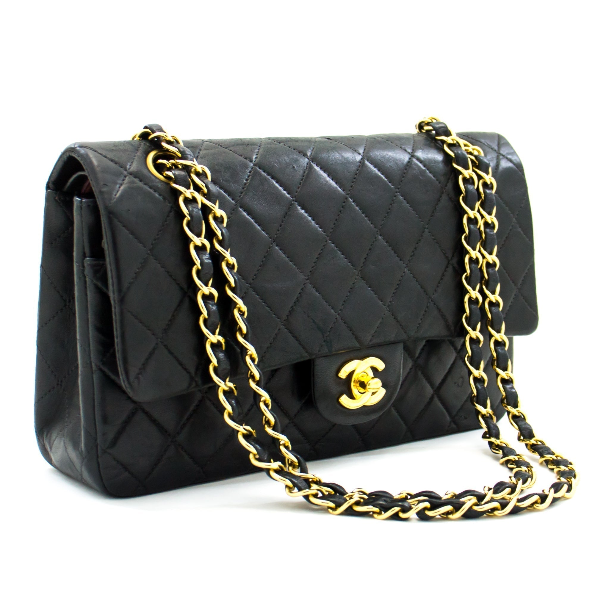 CHNL 2.55 Double Flap Medium Chain Shoulder Bag Black Lambskin i51