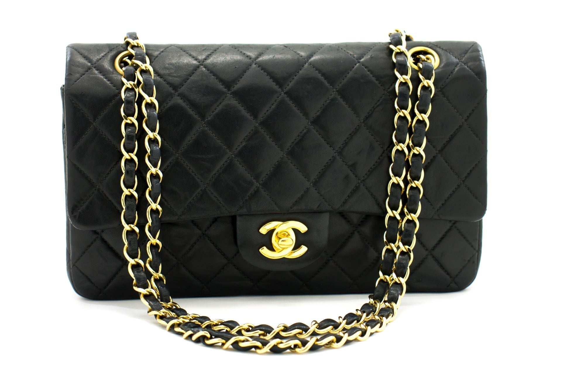 CHNL 2.55 Double Flap Medium Chain Shoulder Bag Black Lambskin i51
