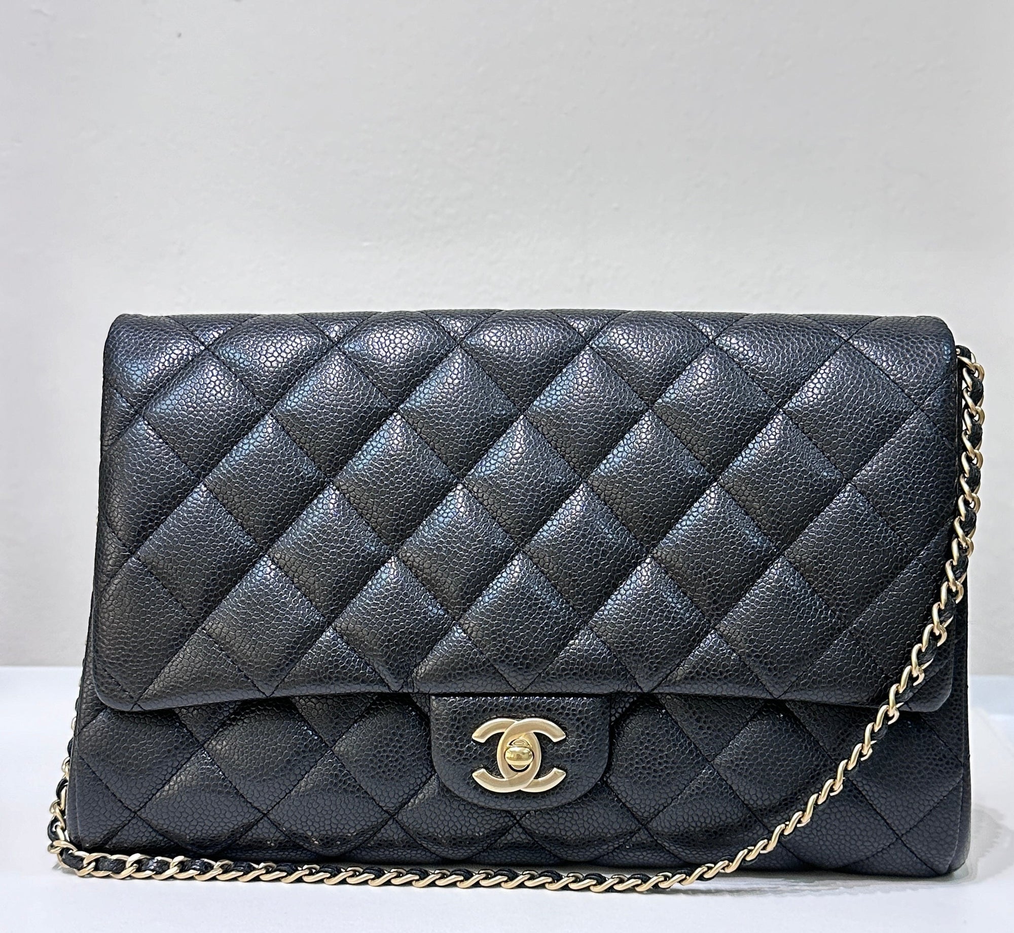 CHNL Caviar Quilted Clutch With Chain Flap Black GHW