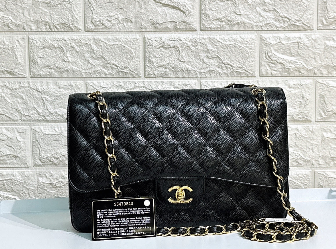 CHNL Jumbo Classic Double Flap Bag Black Caviar Gold Hardware