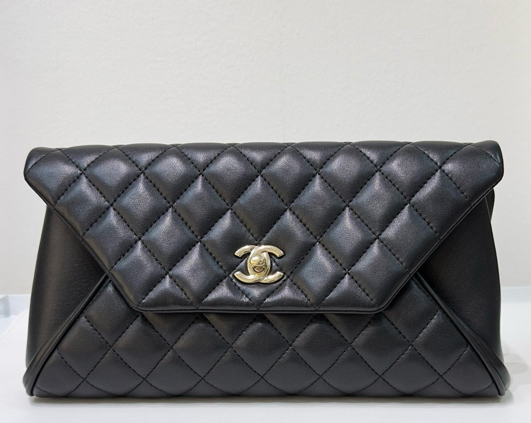 CHNL Lambskin Quilted Fold Up Again Clutch Black