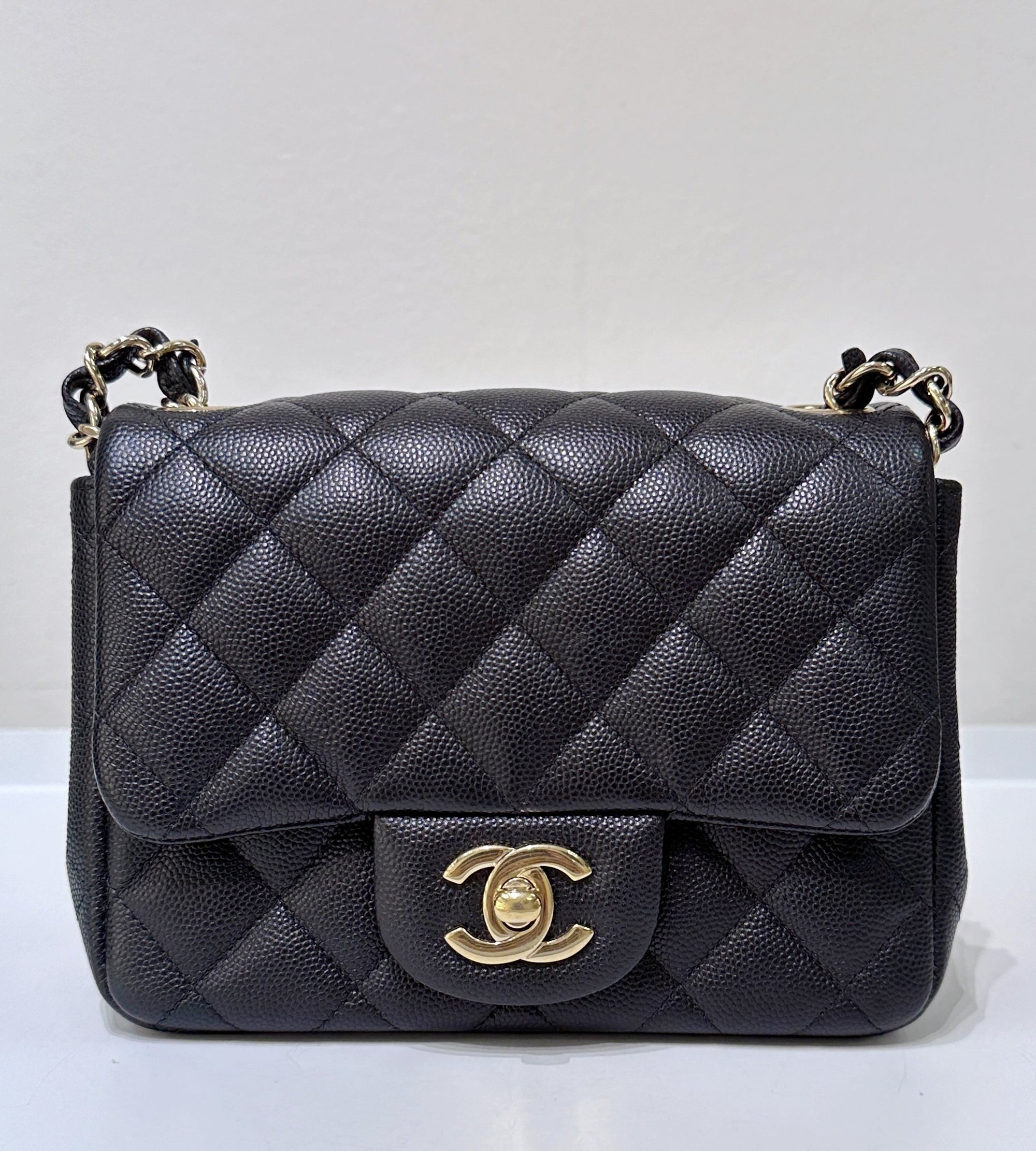 CHNL Black Mini Square Caviar Flap Bag Gold Hardware