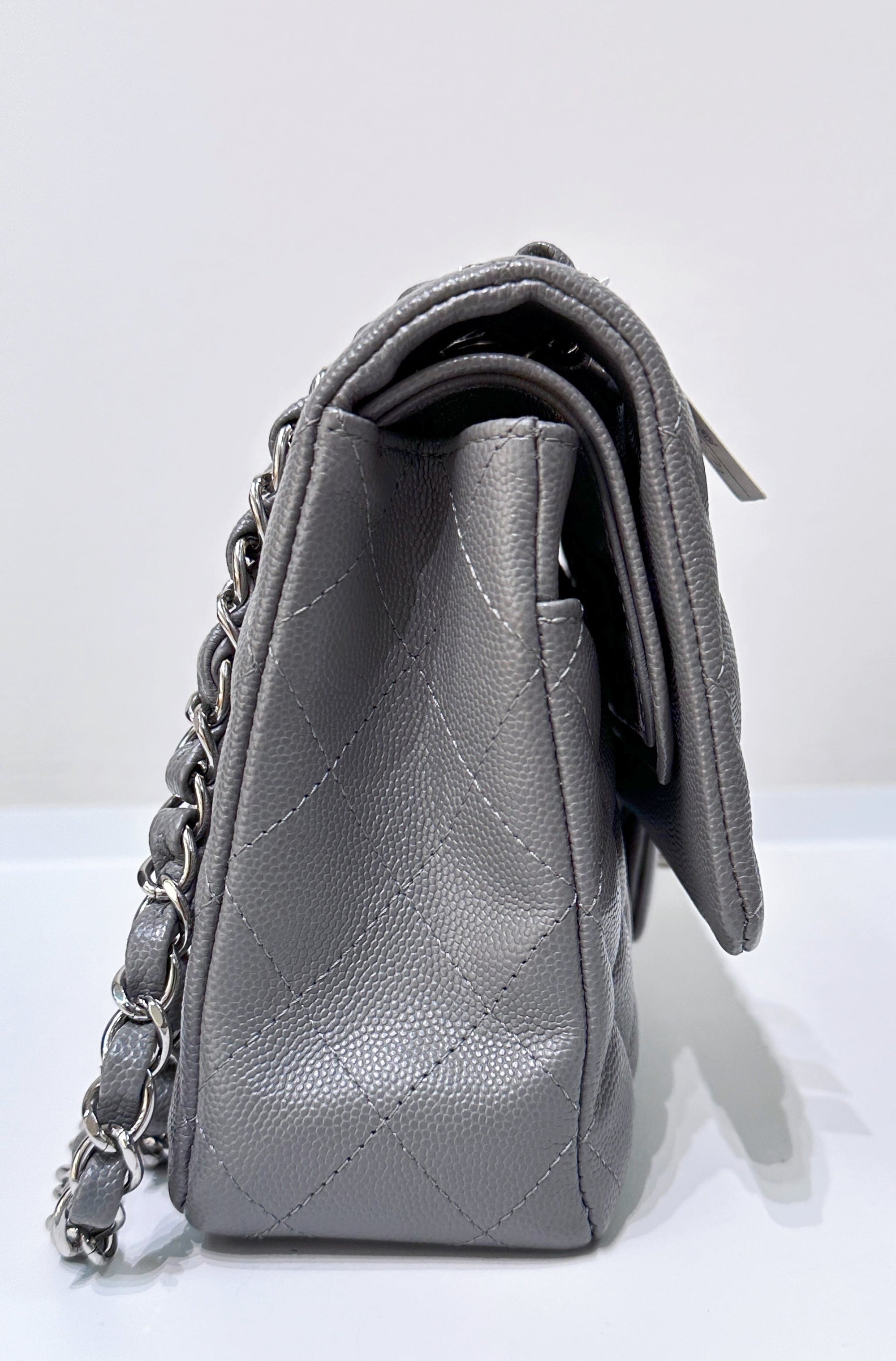 CHNL Caviar Quilted Medium Double Flap Grey