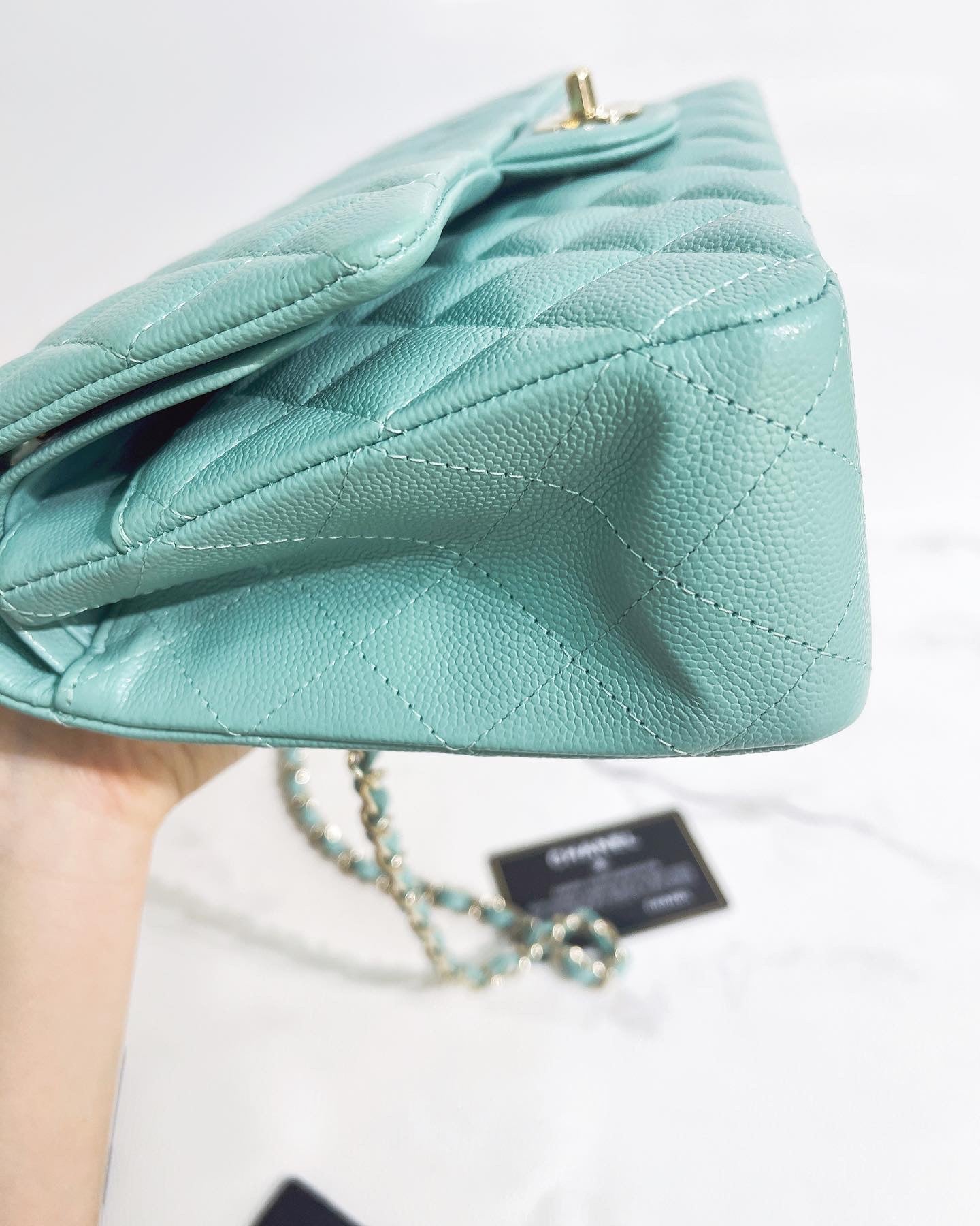 CHNL 21S Green Medium caviar leather with light gold-tone hardware