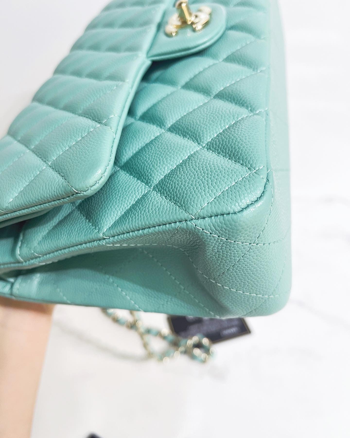 CHNL 21S Green Medium caviar leather with light gold-tone hardware