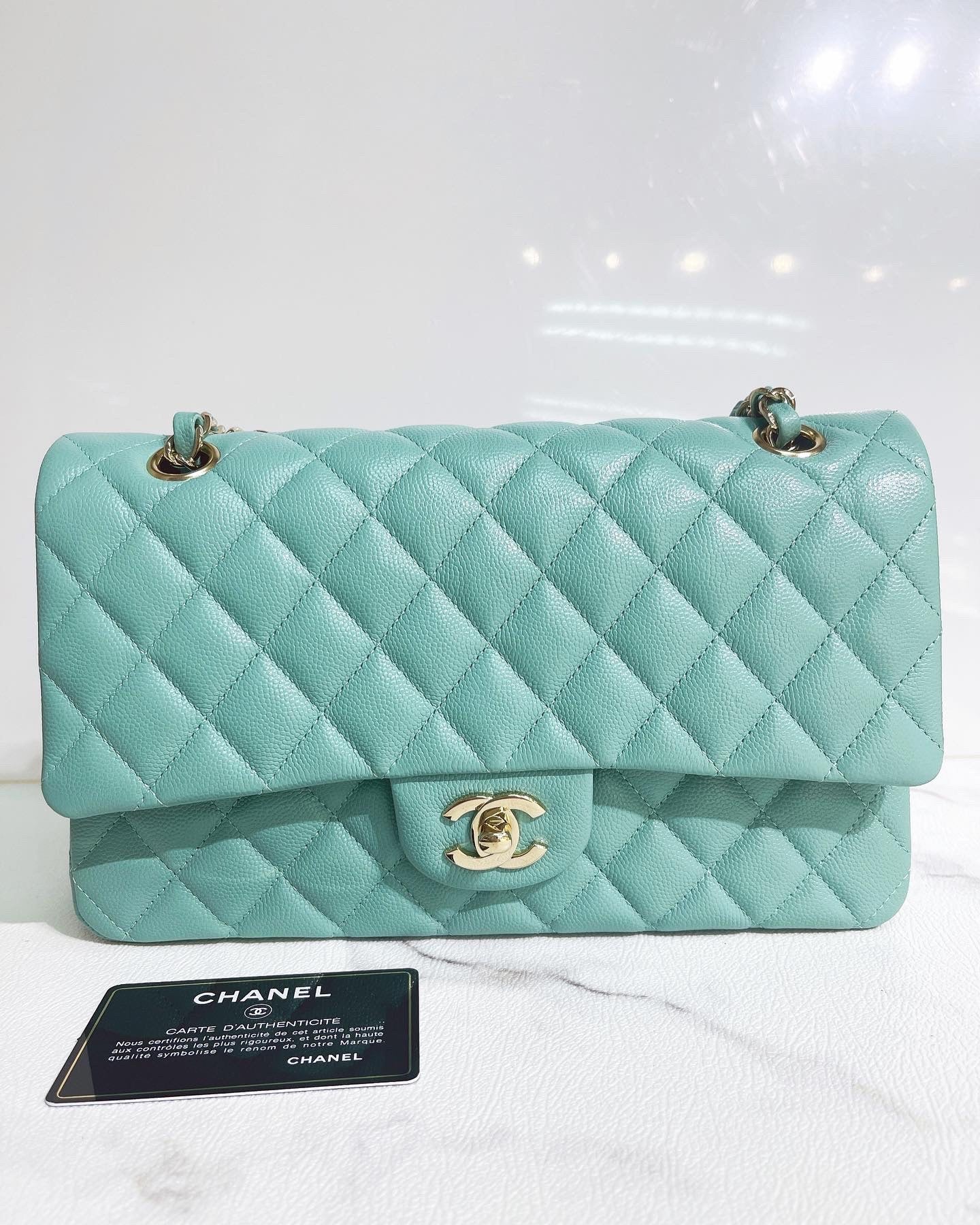 CHNL 21S Green Medium caviar leather with light gold-tone hardware
