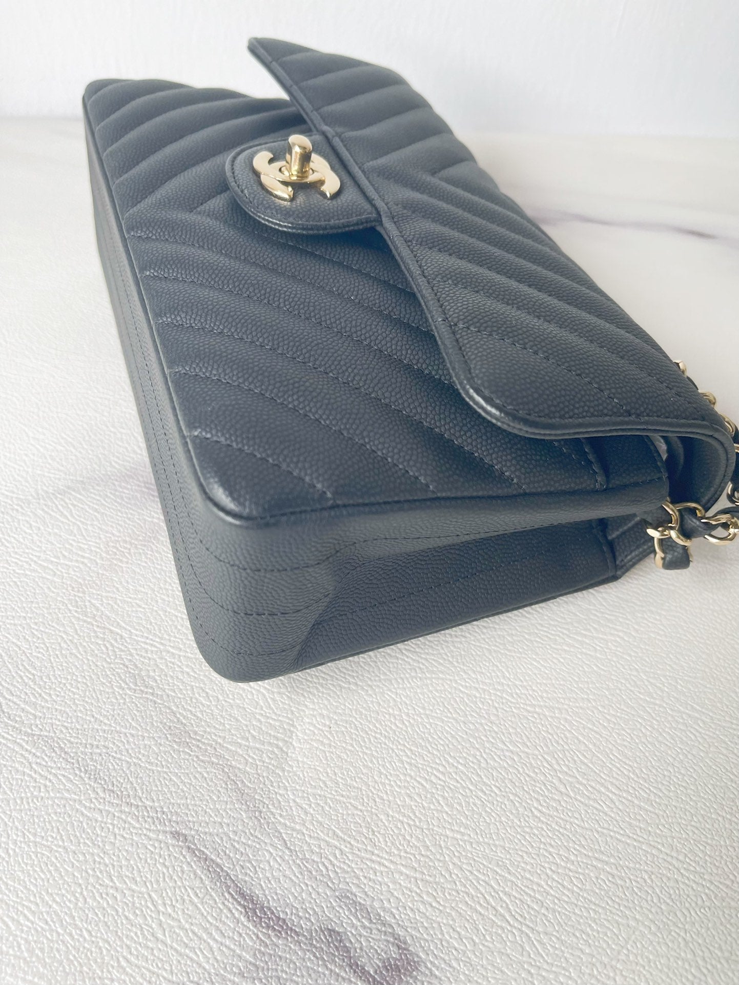 CHNL 19S Classic Small Double Flap Black Matte Chevron Caviar with light gold hardware