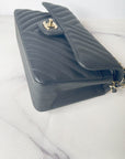 CHNL 19S Classic Small Double Flap Black Matte Chevron Caviar with light gold hardware