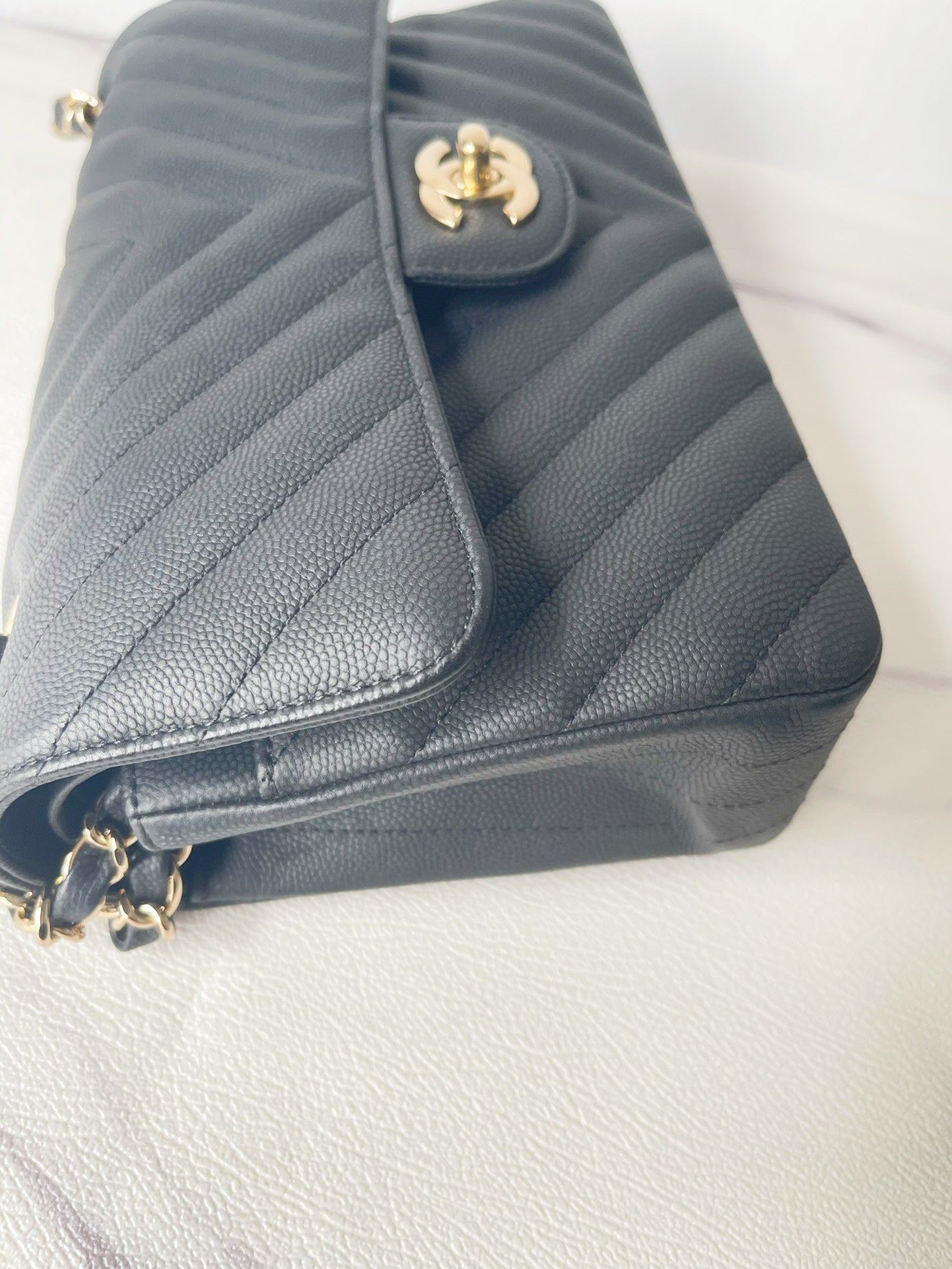 CHNL 19S Classic Small Double Flap Black Matte Chevron Caviar with light gold hardware