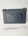 CHNL 19S Classic Small Double Flap Black Matte Chevron Caviar with light gold hardware