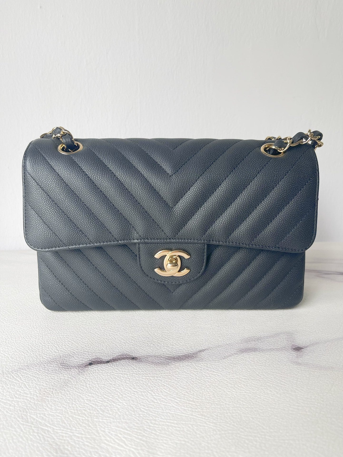 CHNL 19S Classic Small Double Flap Black Matte Chevron Caviar with light gold hardware