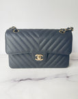 CHNL 19S Classic Small Double Flap Black Matte Chevron Caviar with light gold hardware