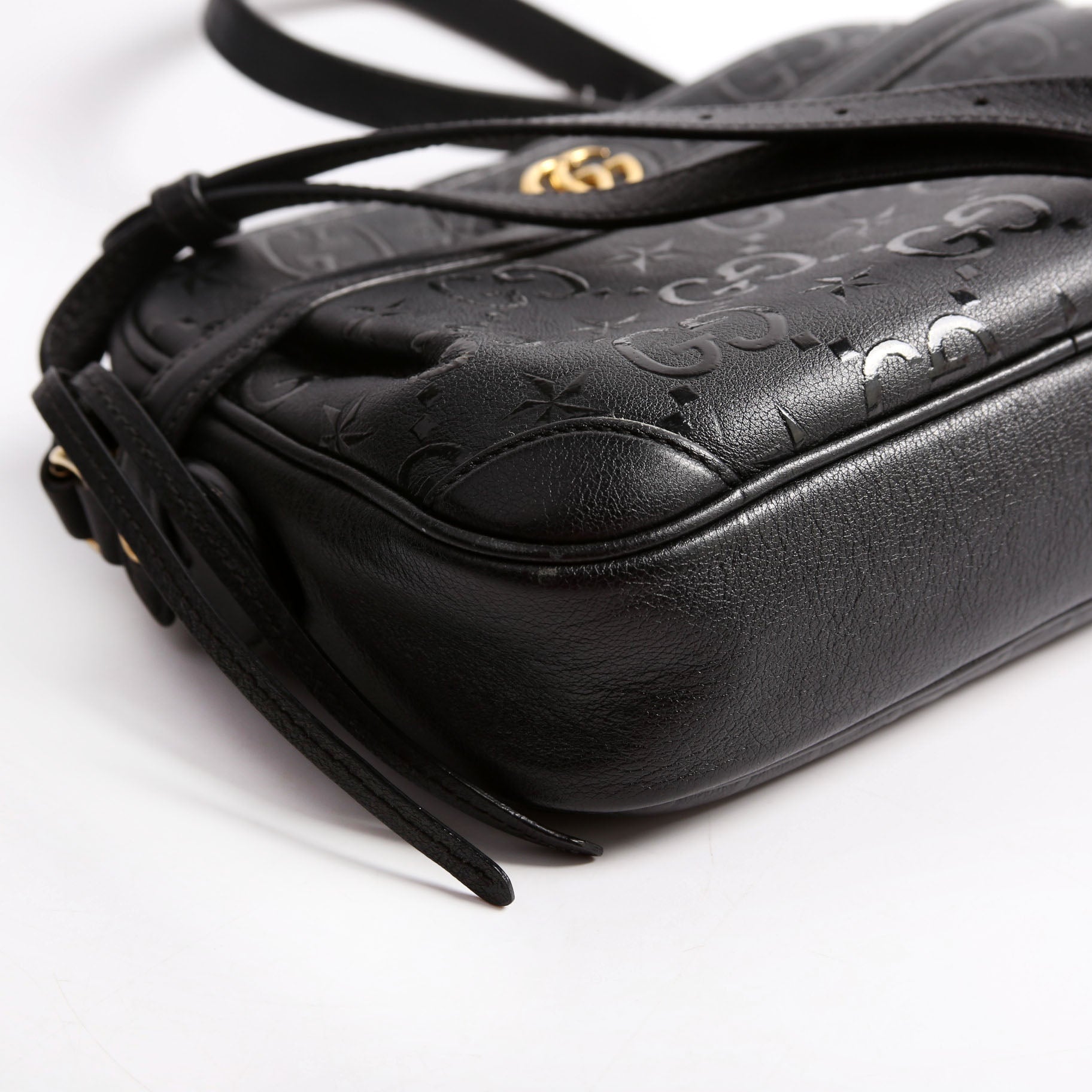 GCCI GG Star Embossed Leather Small Shoulder Bag Black