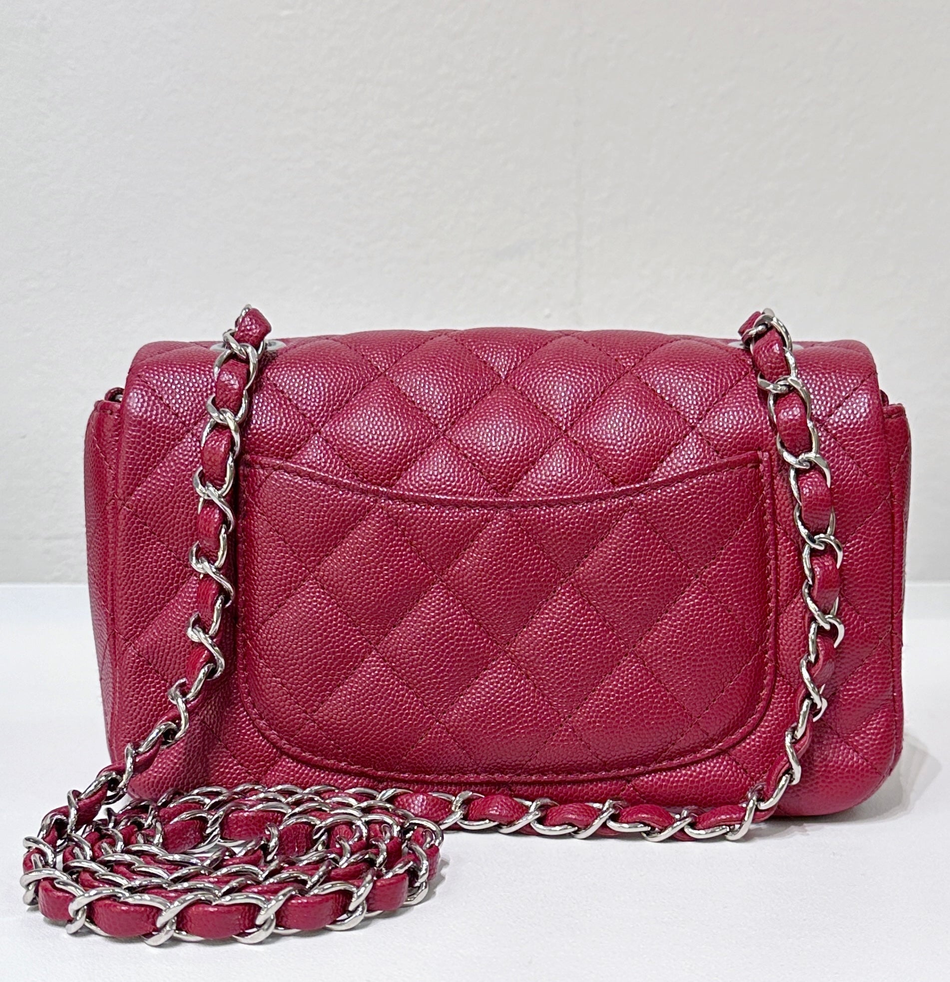 CHNL Mini Rectangular Caviar Quilted Flap Red 17B SHW