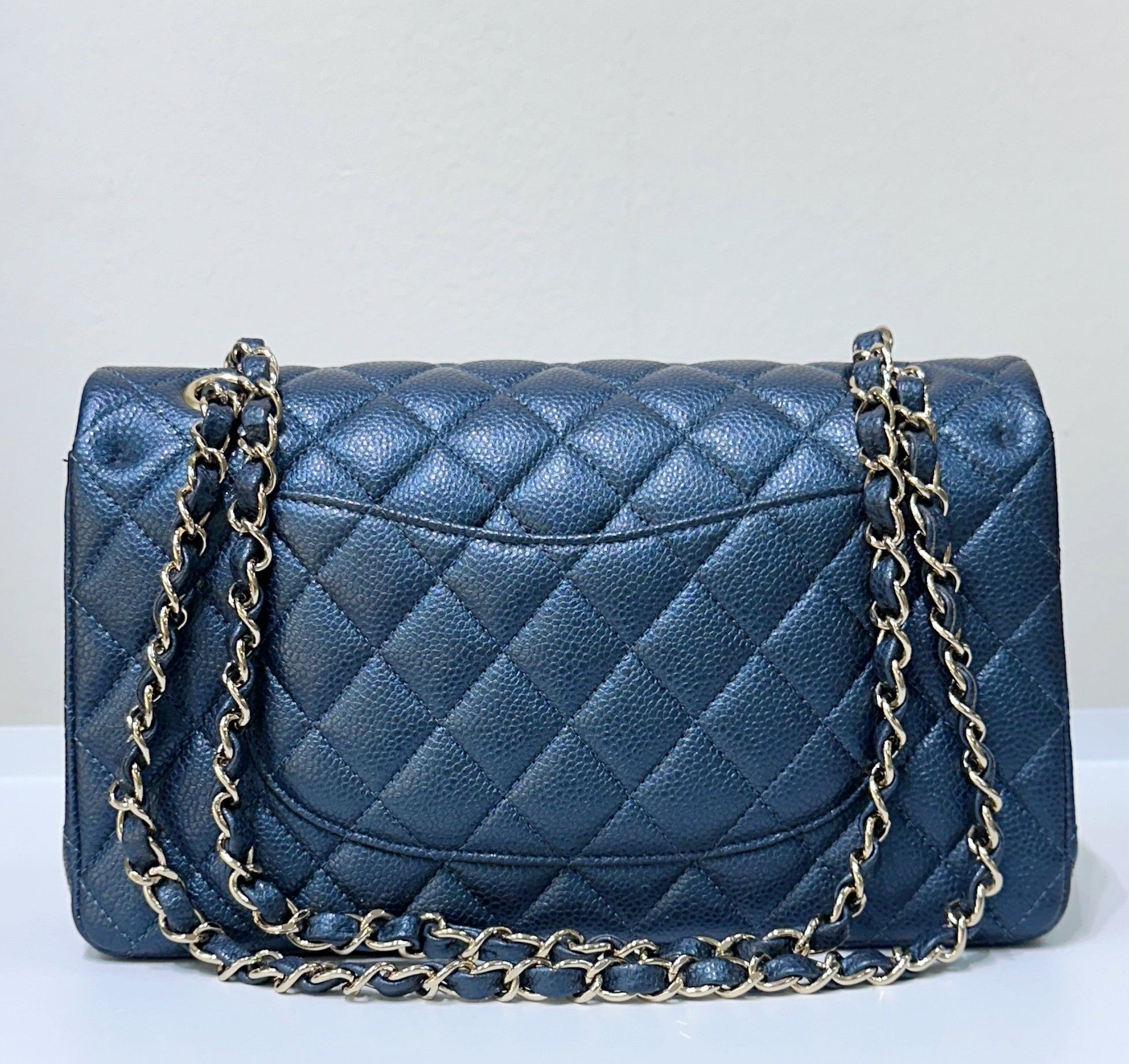 CHNL Quilted Medium Double Flap Blue Caviar 18S GHW