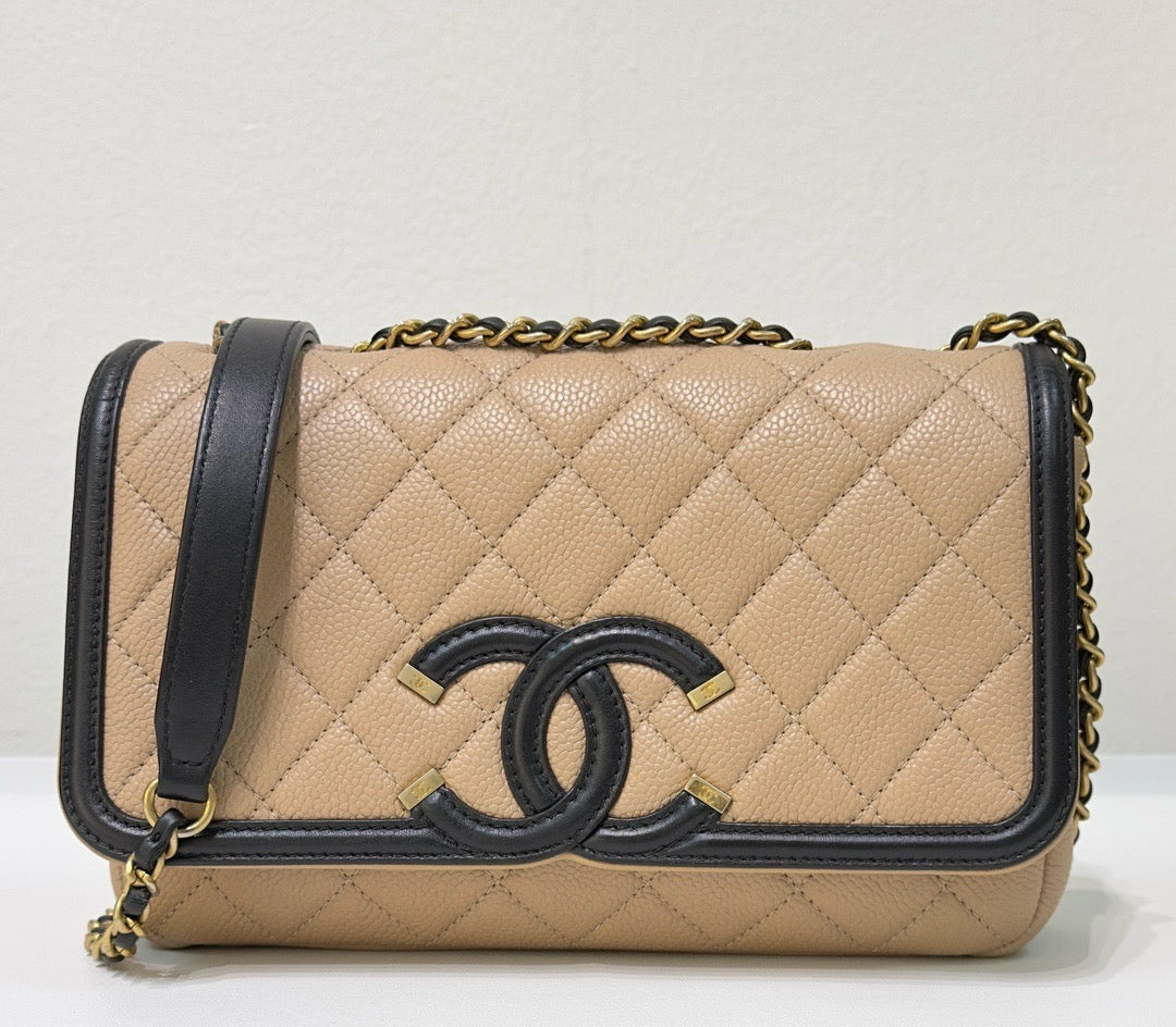 CHNL Small Caviar Quilted CC Filigree Flap Beige Black GHW