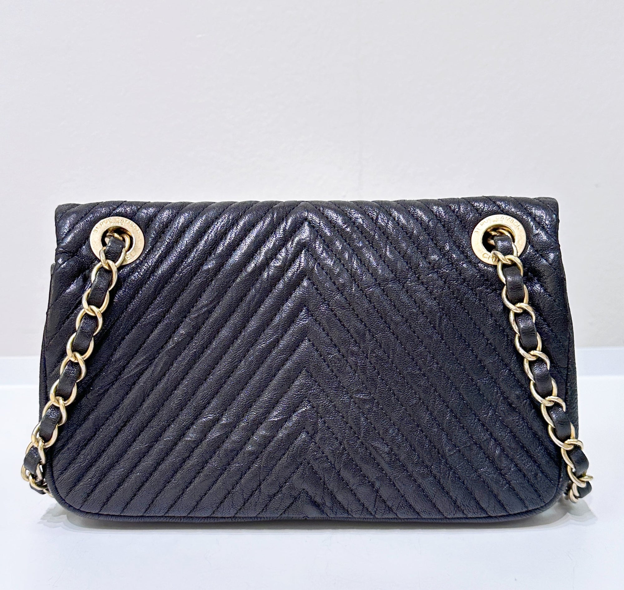 CHNL Black Chevron Leather Small Classic Flap Bag