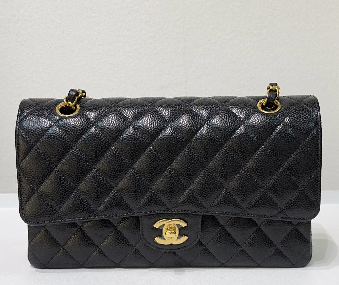 CHNL Medium Quilted Caviar Classic Double Flap Bag Black GHW