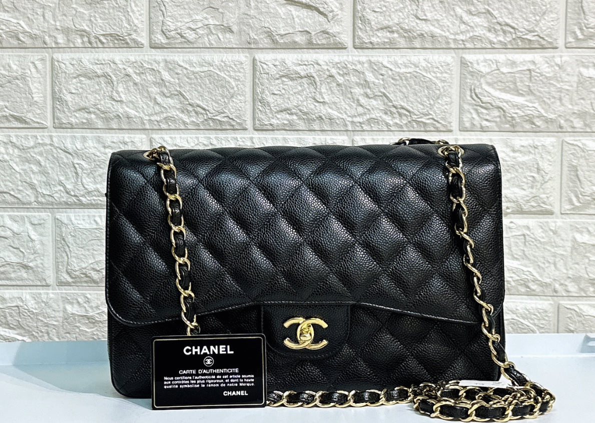 CHNL Jumbo Classic Double Flap Bag Black Caviar Gold Hardware