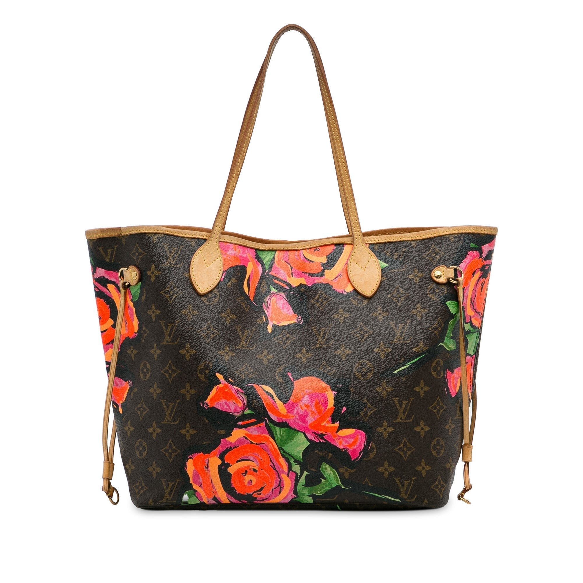 Brown LV Monogram Roses Neverfull MM Tote Bag