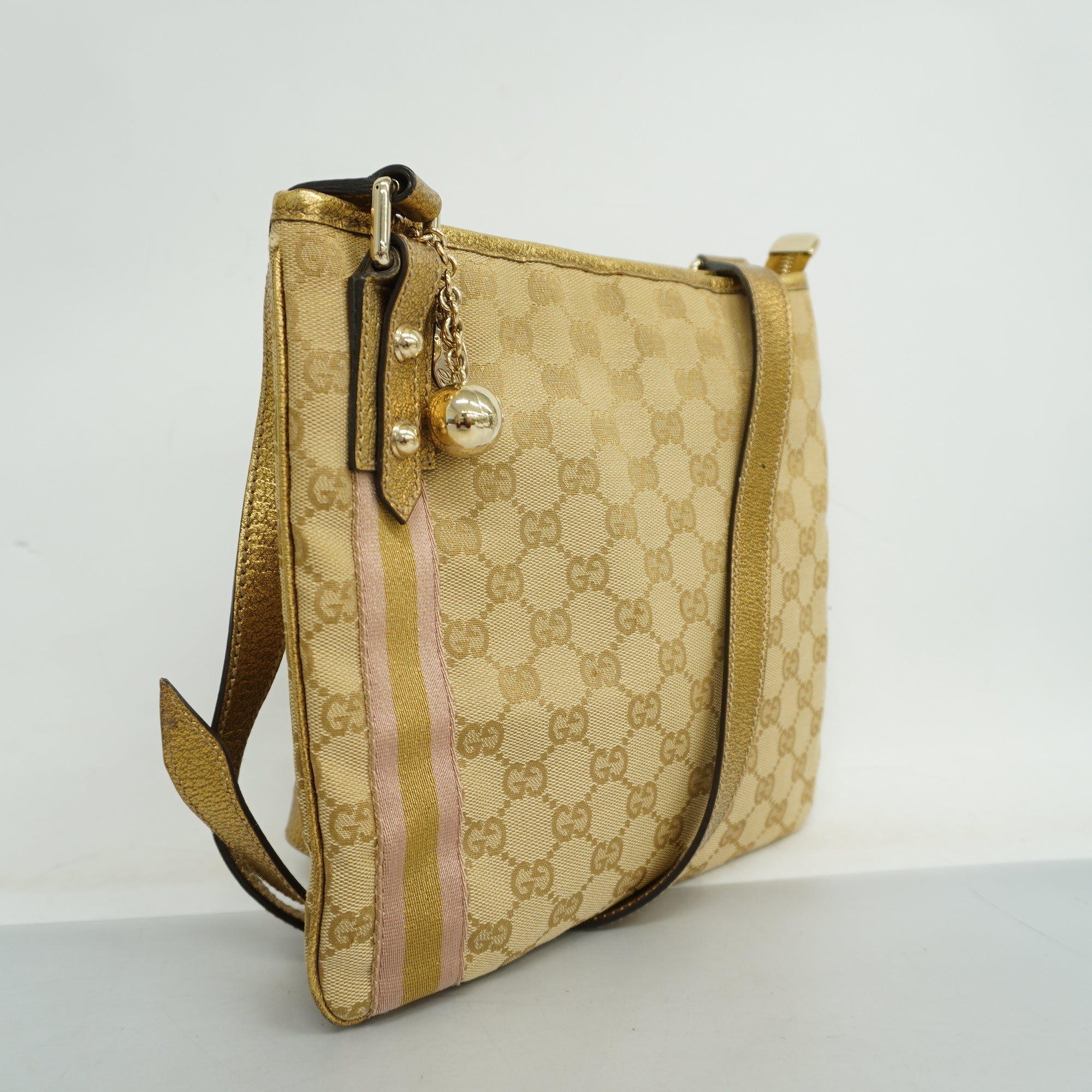 GCCI GG Canvas Shoulder Bag Women's Leather Beige,Gold