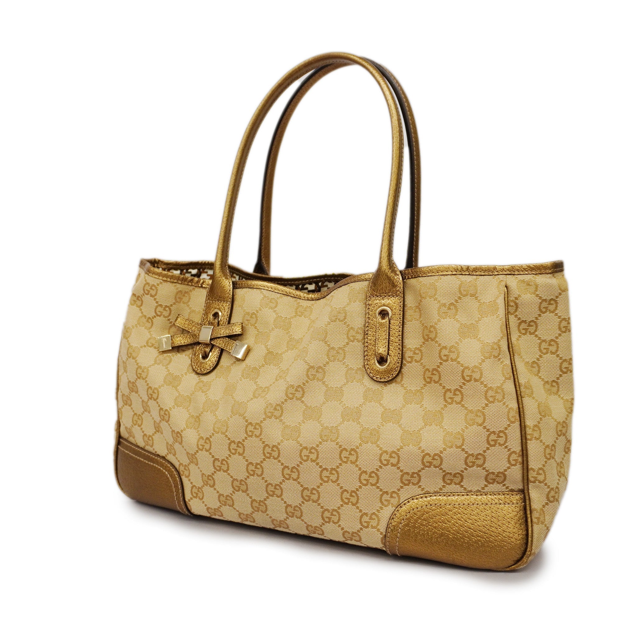 GCCI GG Canvas Sherry Princey Women's Leather Tote Bag Beige,Gold