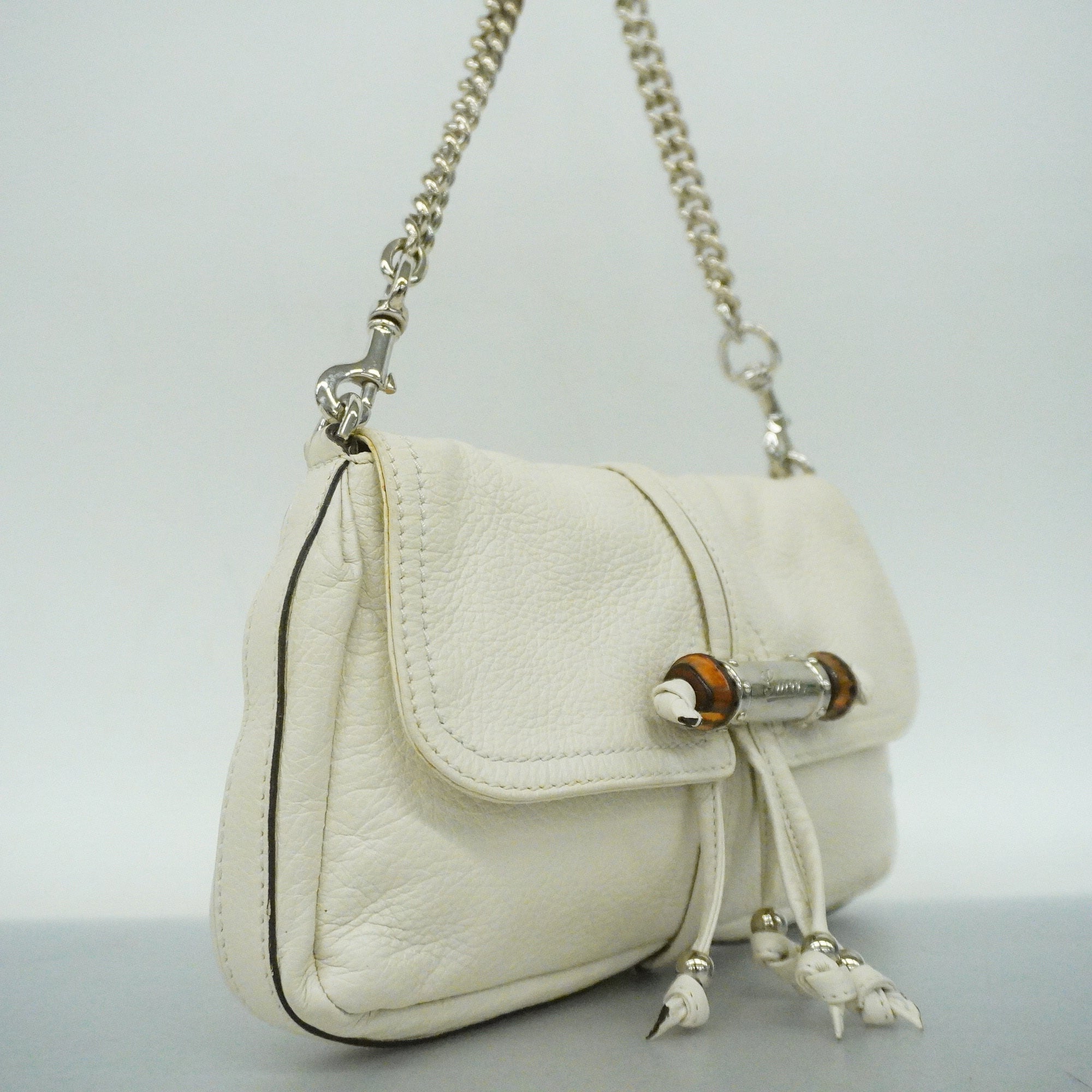 GCCI Bamboo Women's Leather Shoulder Bag Ivory