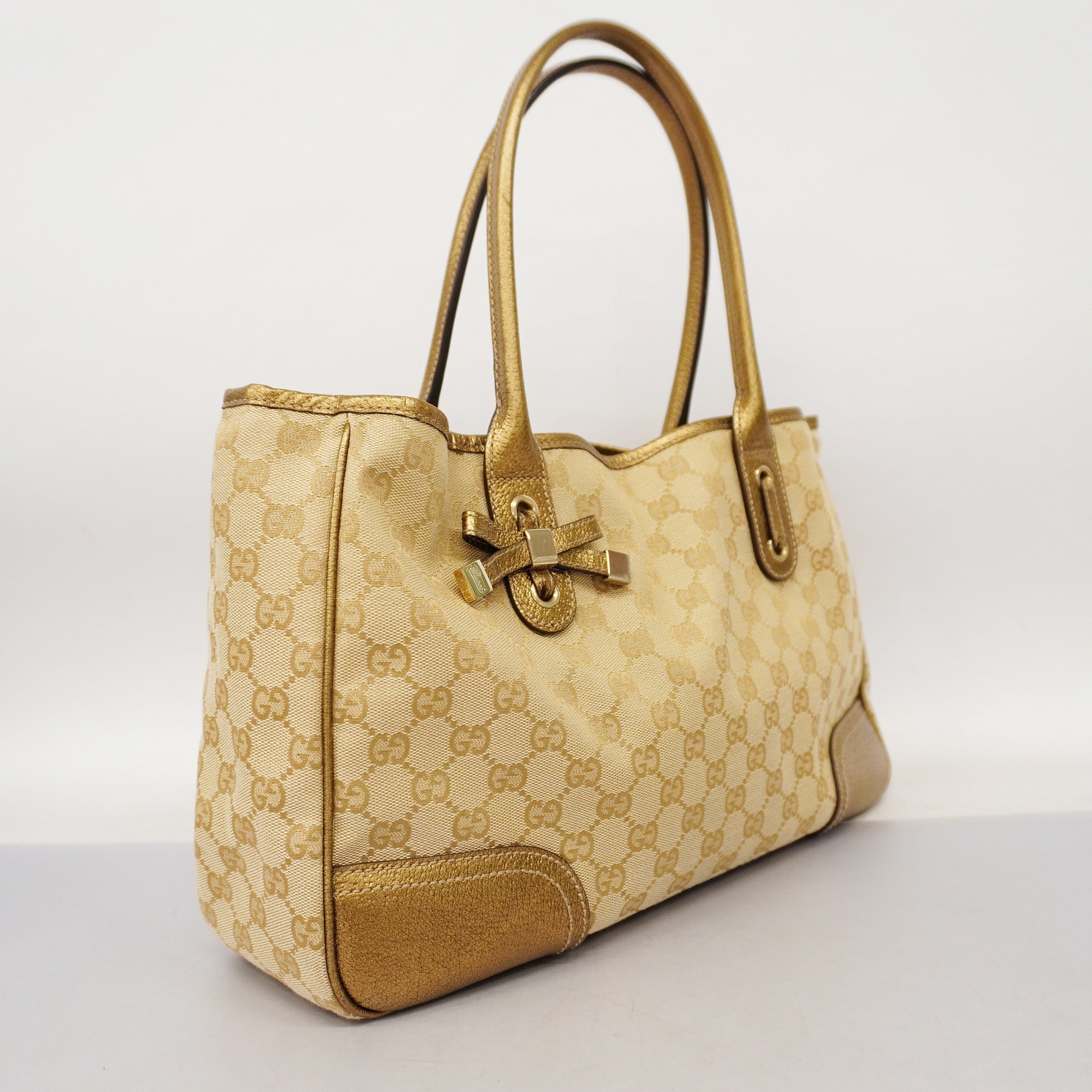 GCCI GG Canvas Sherry Princey Women's Leather Tote Bag Beige,Gold