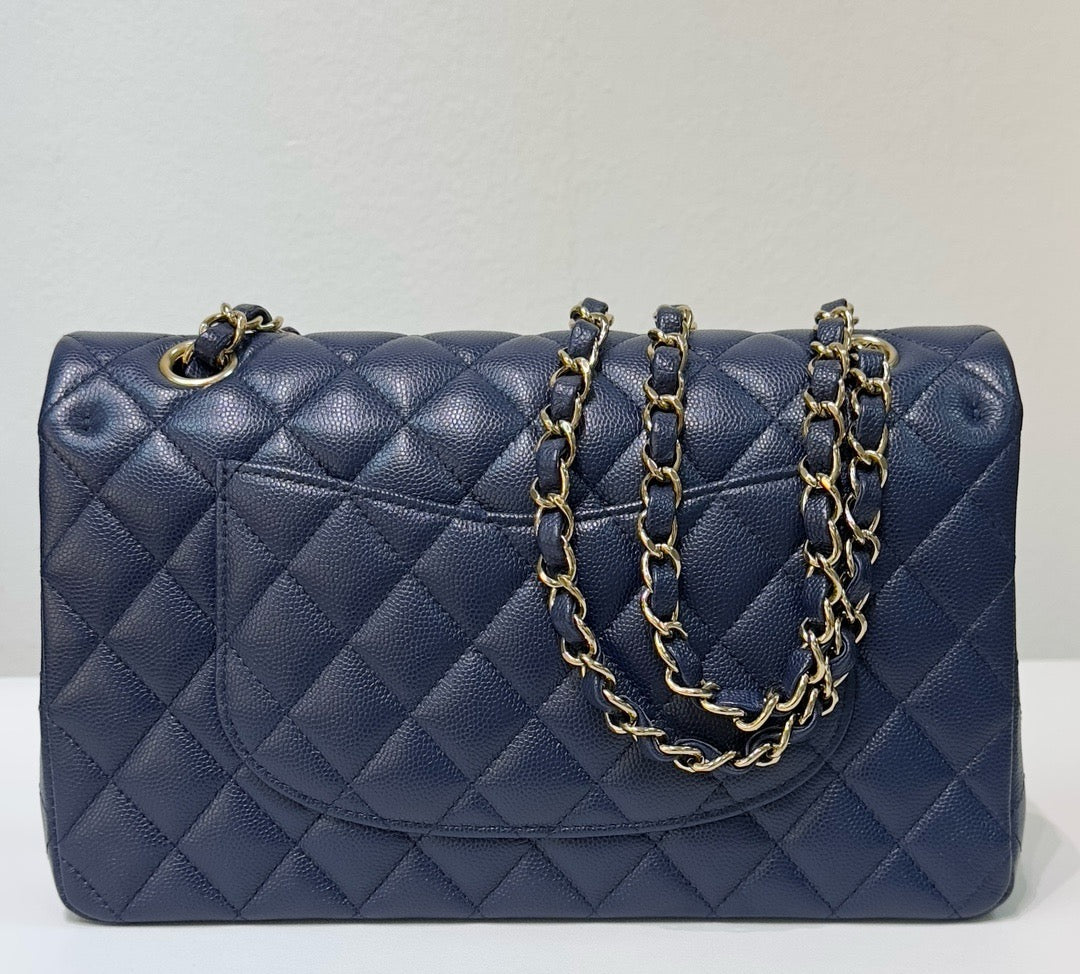 CHNL Medium Classic Caviar Double Flap Navy Blue Bag LSHW