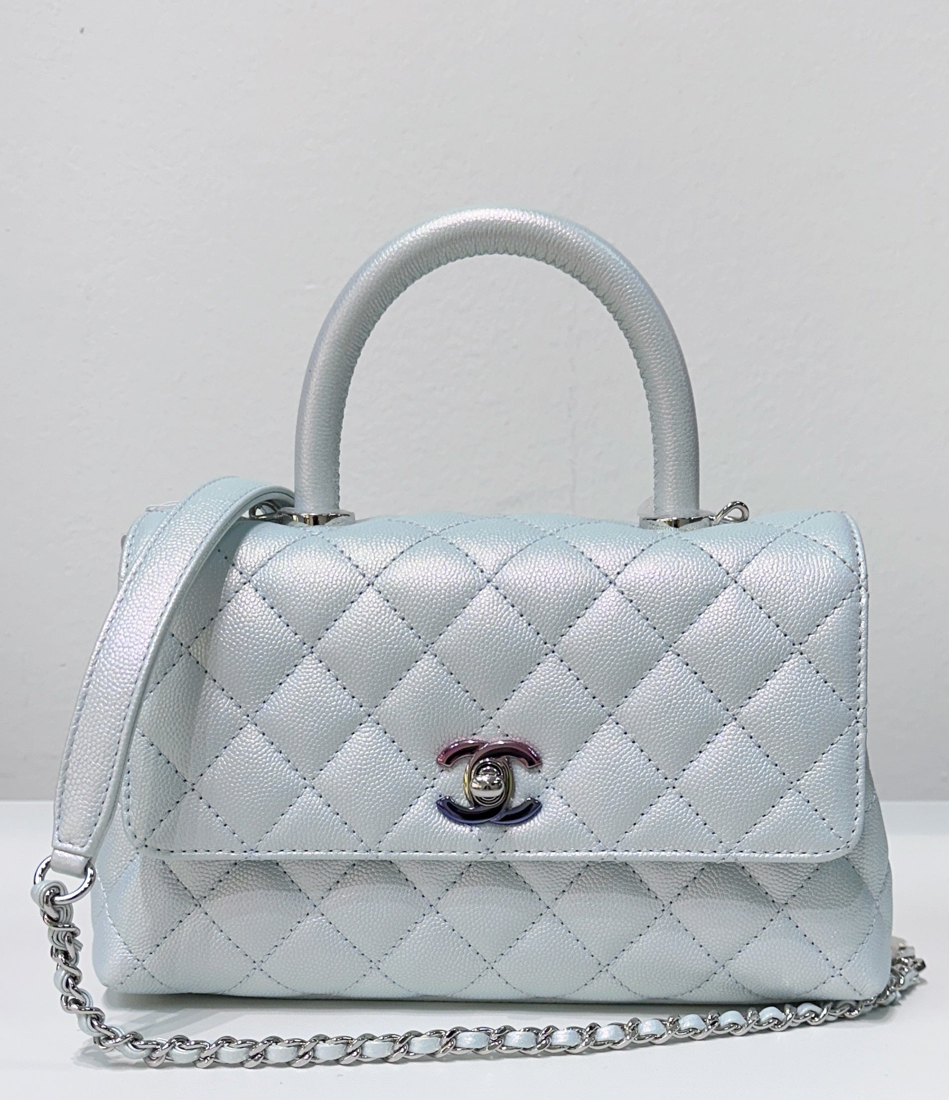 CHNL Iridescent Caviar Quilted Mini Coco Handle Flap Light Blue