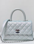 CHNL Iridescent Caviar Quilted Mini Coco Handle Flap Light Blue