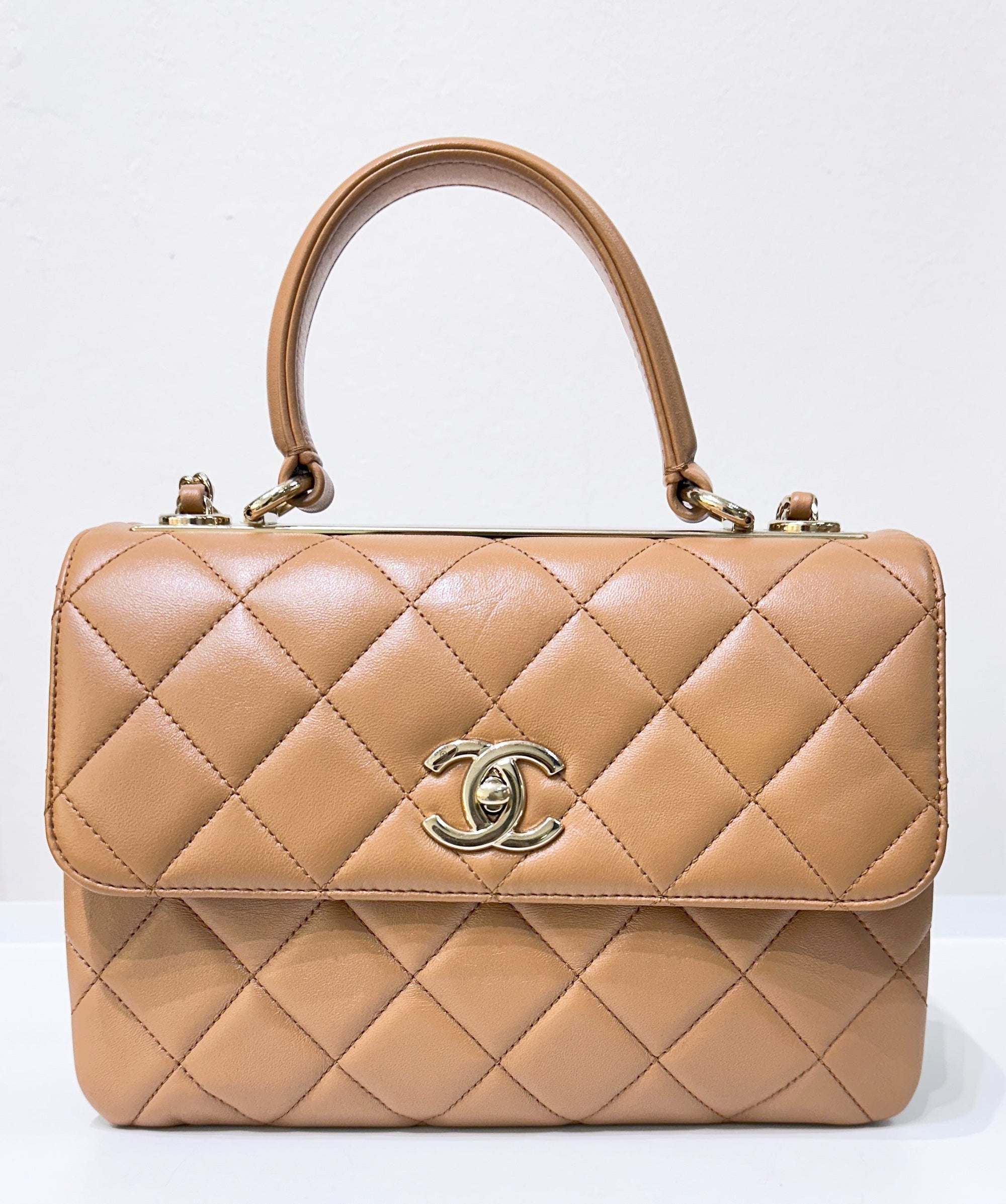 CHNL Lambskin Quilted Small Trendy CC Flap Dual Handle Bag Camel 19K