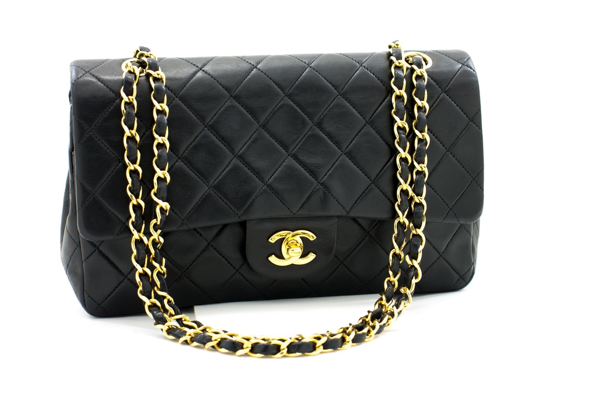CHNL 2.55 Double Flap Chain Shoulder Bag Black Lambskin Handbag h50
